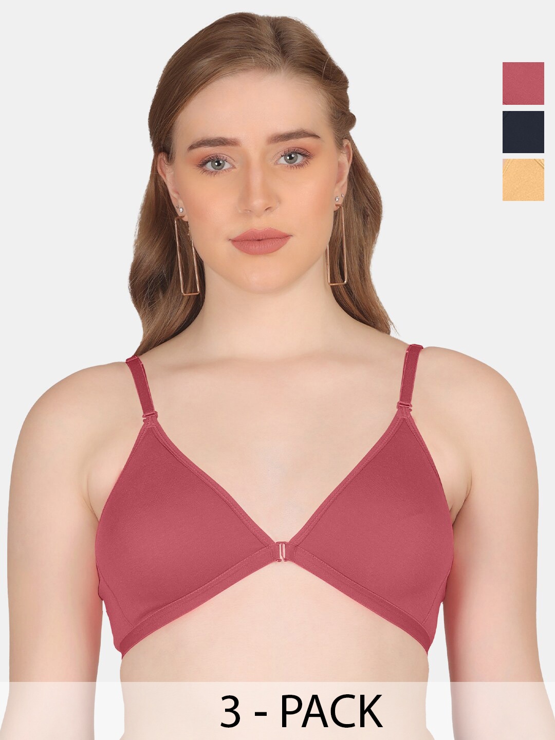 

POOJA RAGENEE Pack Of 3 Anti Odour Double Layer Front Opener Hooks Detachable Strap Bra, Pink