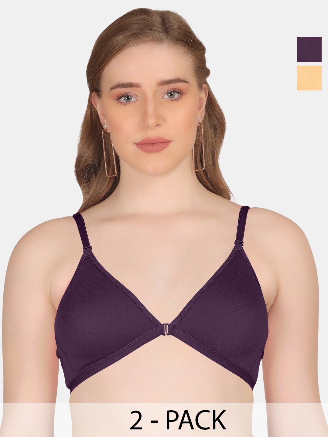 

POOJA RAGENEE Pack Of 2 Anti Odour Double Layer Front Opener Hooks Detachable Strap Bra, Purple