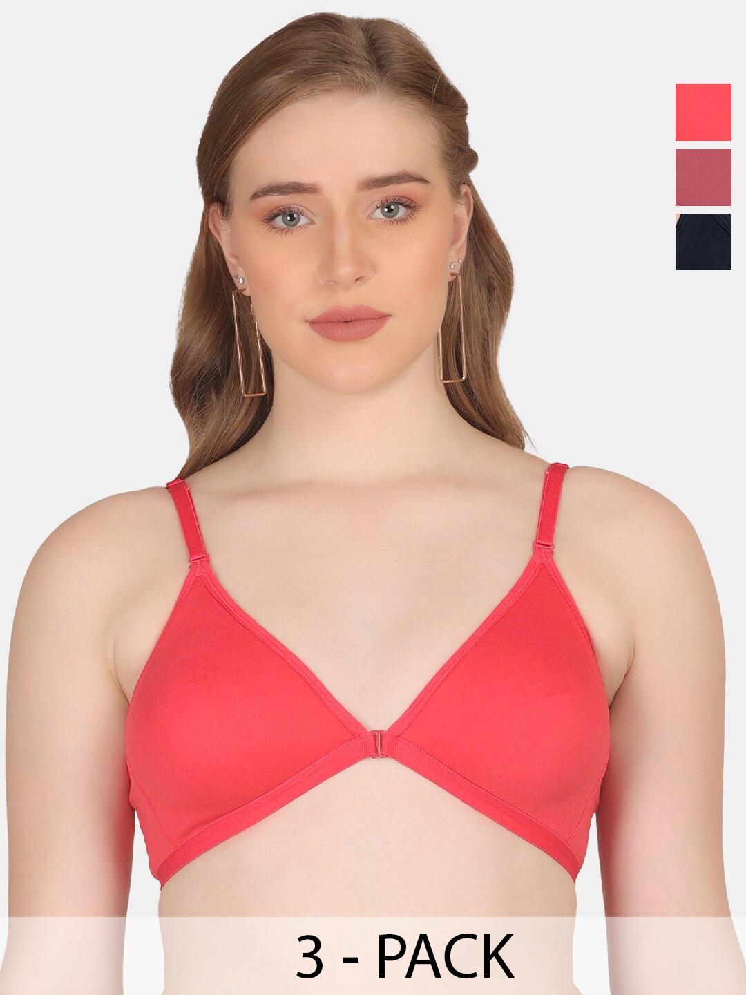 

POOJA RAGENEE Pack Of 3 Full Coverage Non Padded Cotton T-Shirt Bra With All Day Comfort, Red