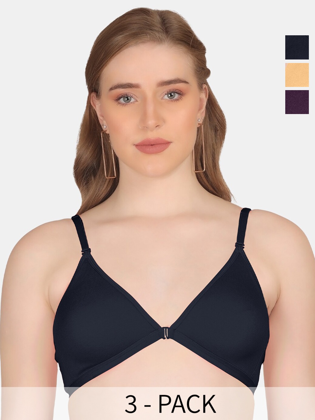 

POOJA RAGENEE Pack Of 3 Anti Odour Double Layer Front Opener Hooks Detachable Strap Bra, Purple