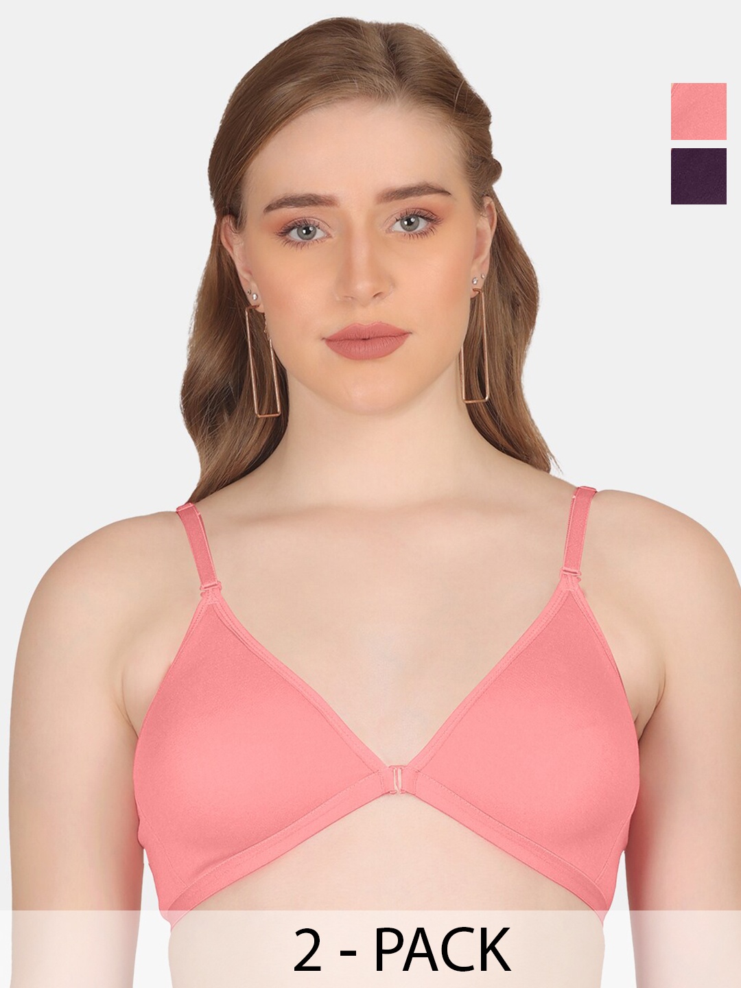

POOJA RAGENEE Pack Of 2 Anti Odour Double Layer Front Opener Hooks Detachable Strap Bra, Pink