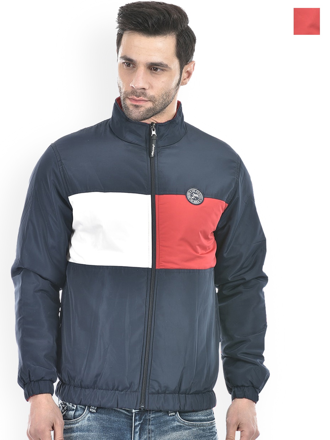 

Lawman pg3 Colourblocked Mock Collar Reversible Cotton Bomber Jacket, Navy blue
