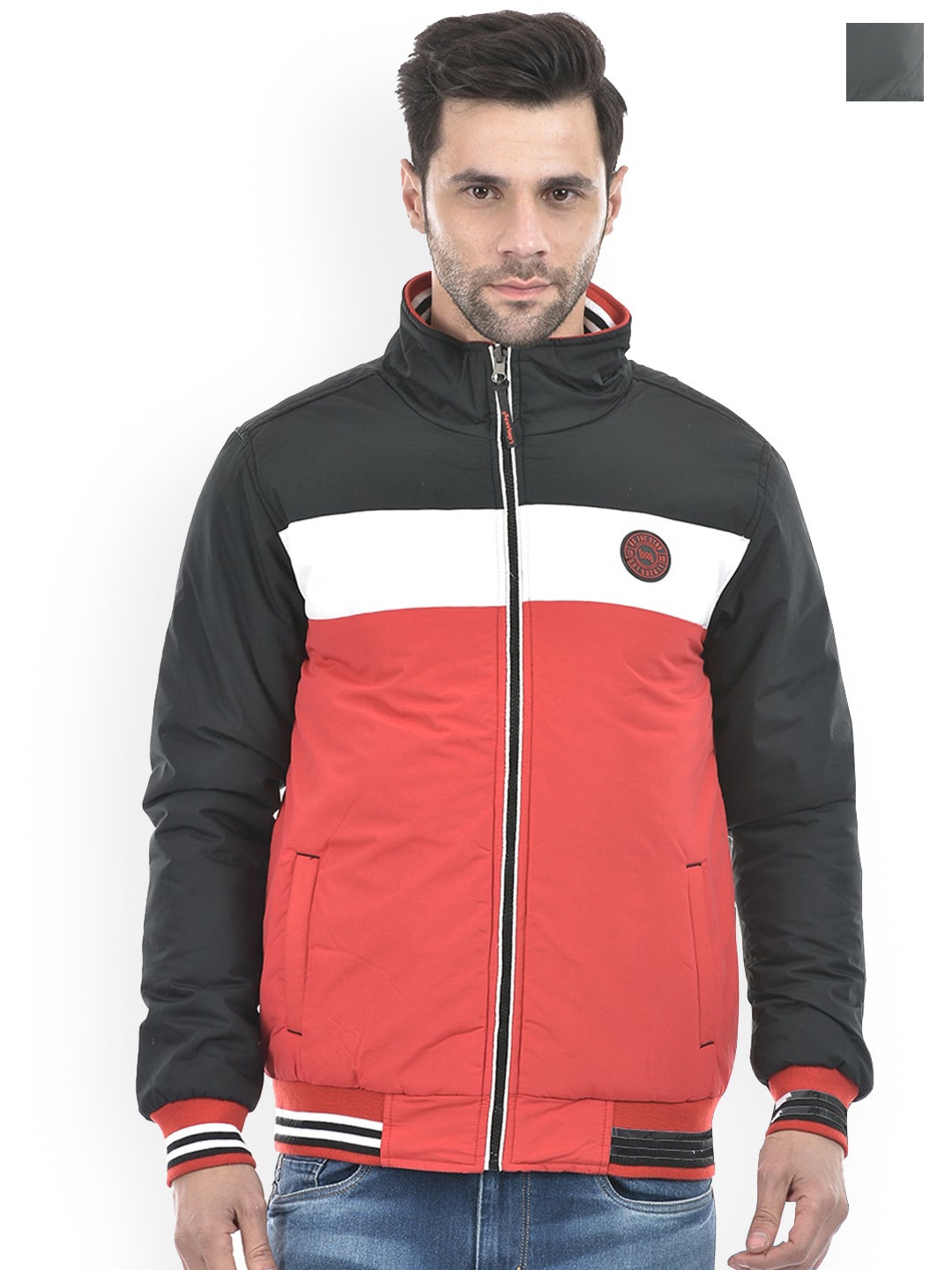 

Lawman pg3 Colourblocked Mock Collar Reversible Cotton Bomber Jacket, Red