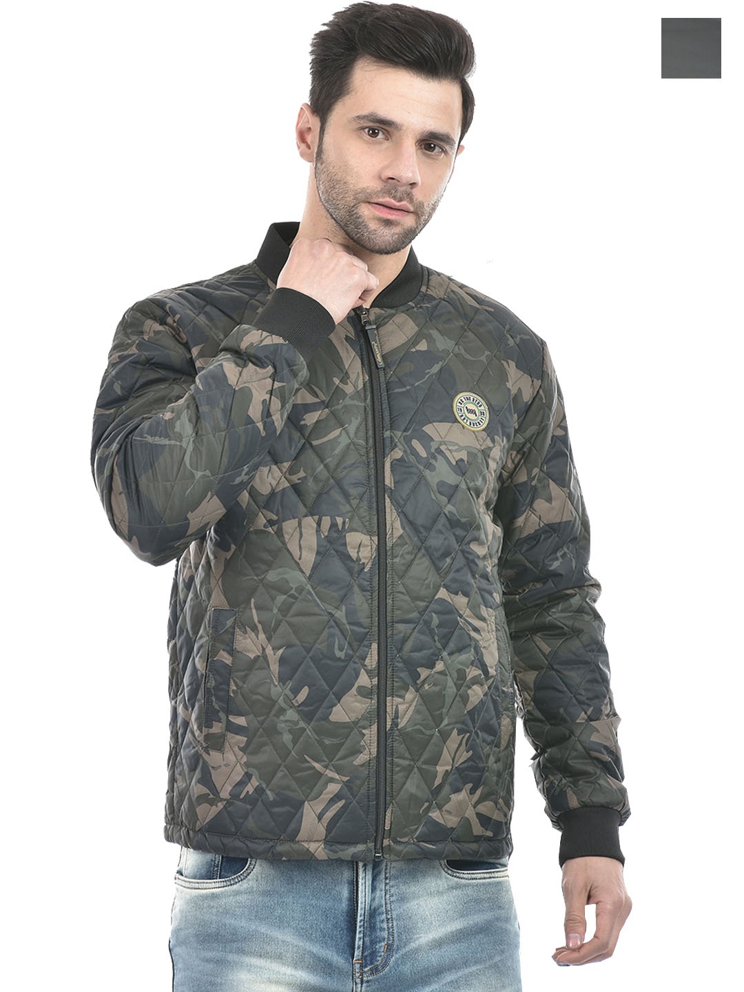 

Lawman pg3 Camouflage Printed Stand Collar Reversible Quilted Jacket, Olive