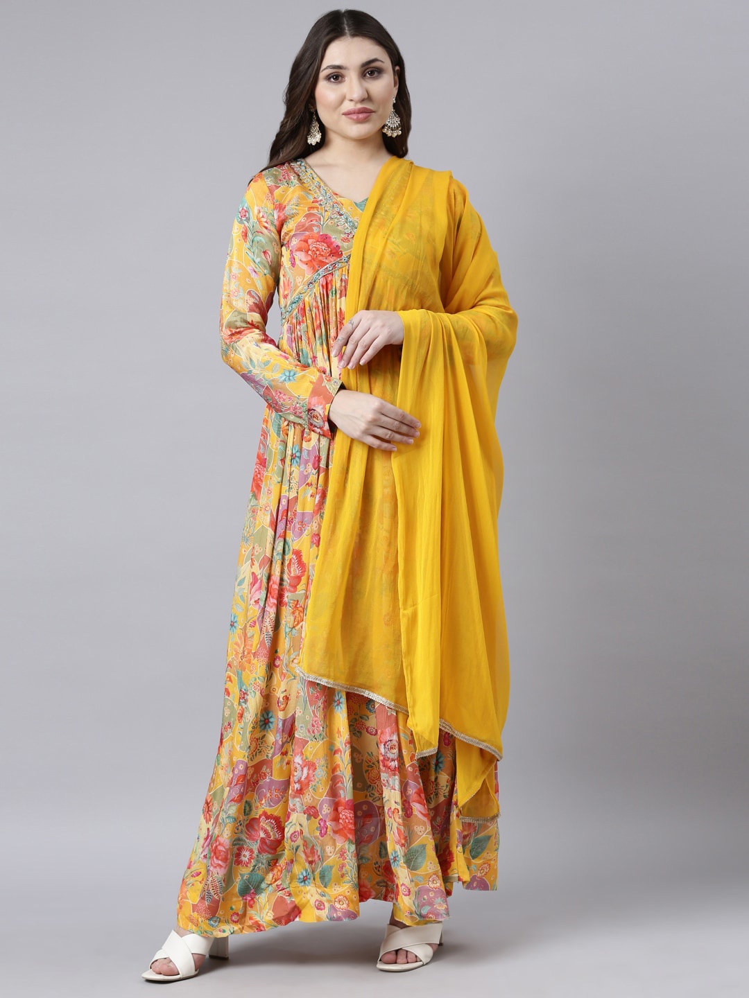

Neerus Embellished Empire Floral Maxi Dress, Mustard