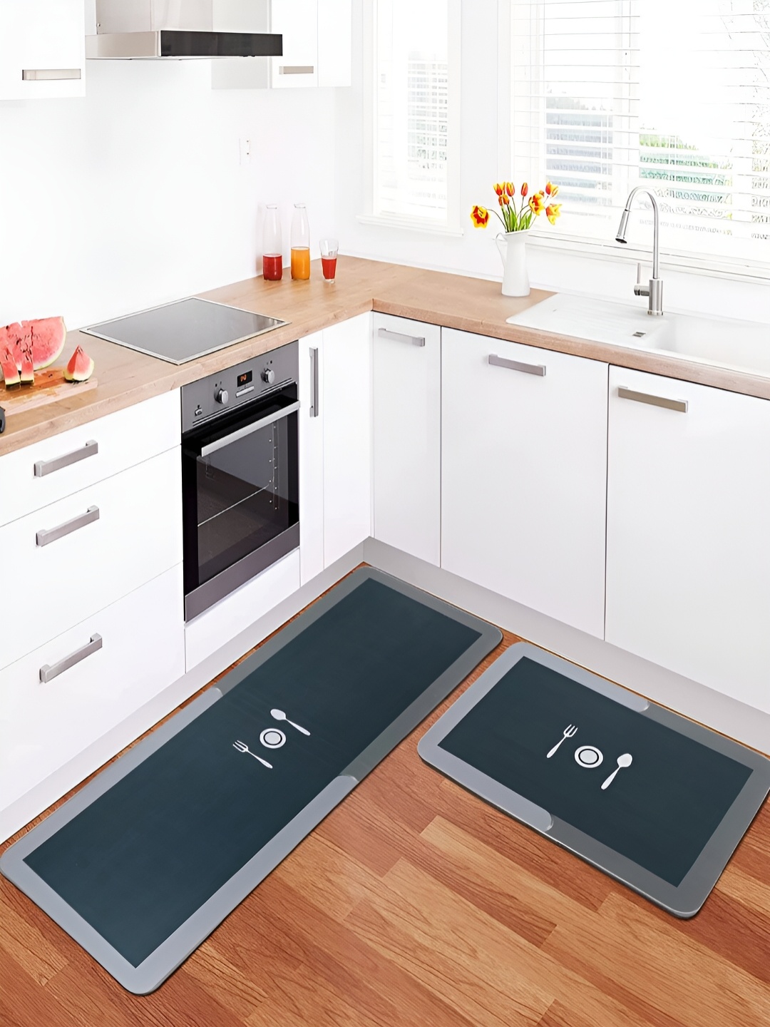 

Kuber Industries Grey 2 Pcs Printed Anti Skid Kitchen & Bedroom Mats