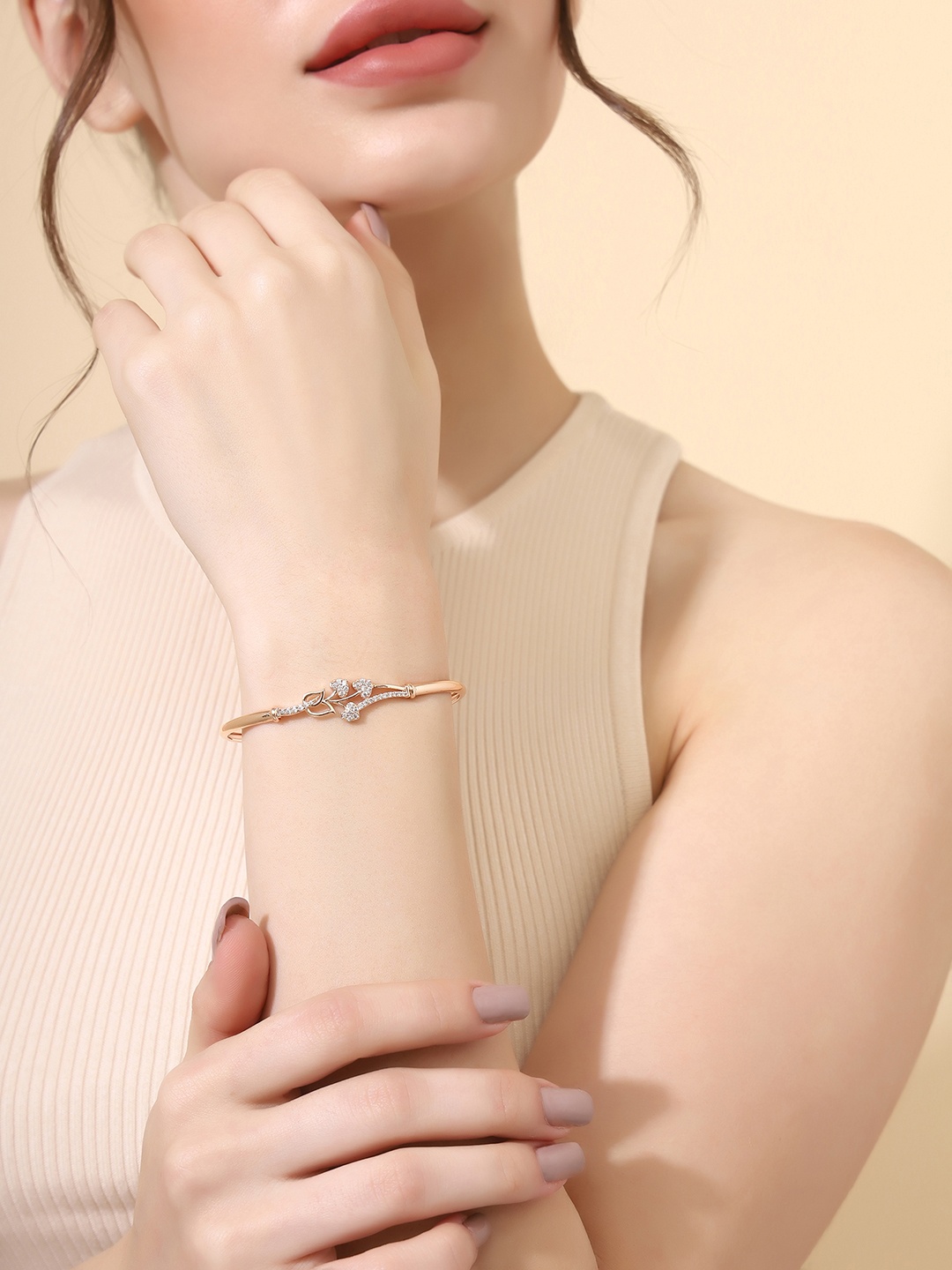

PRITA Rose Gold-Plated American Diamond Studded Floral Kada Bracelet