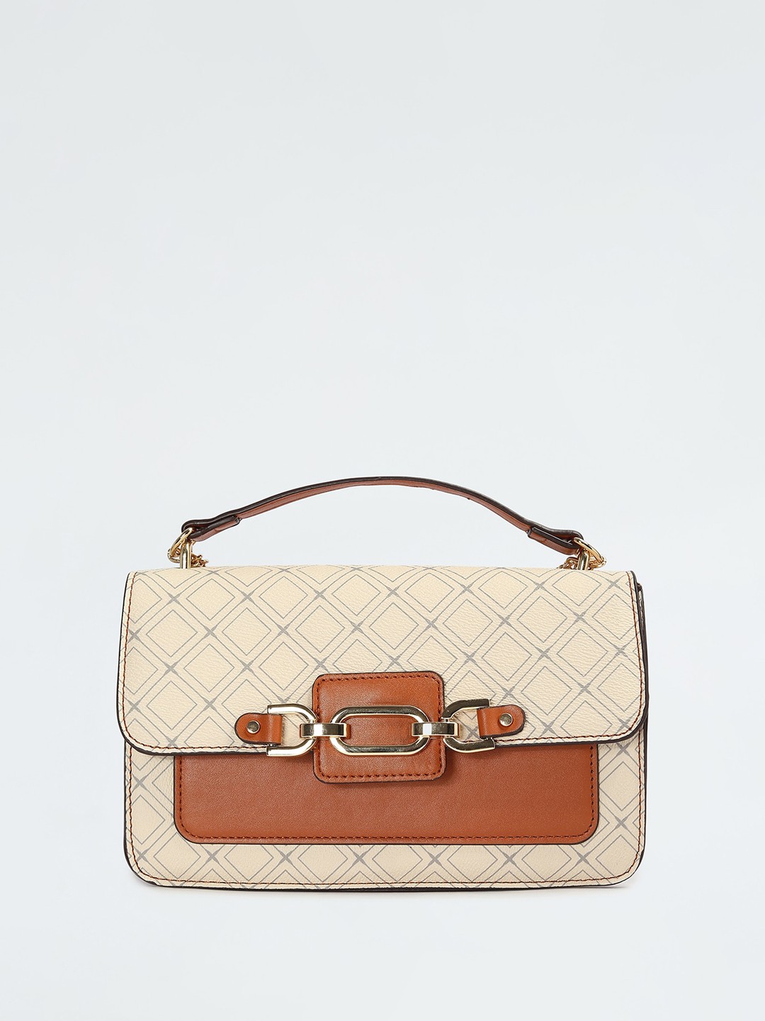 

max Geometric Textured PU Structured Satchel with Quilted, Off white