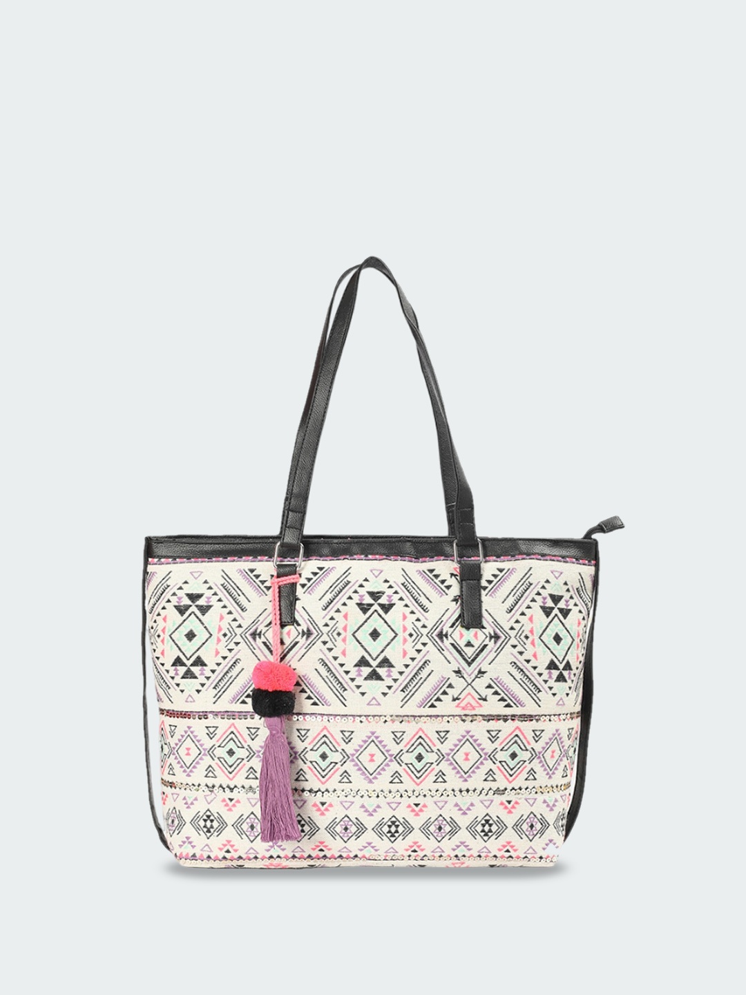 

max Graphic Printed Oversized Shopper Cotton Shoulder Bag with Tasselled, White