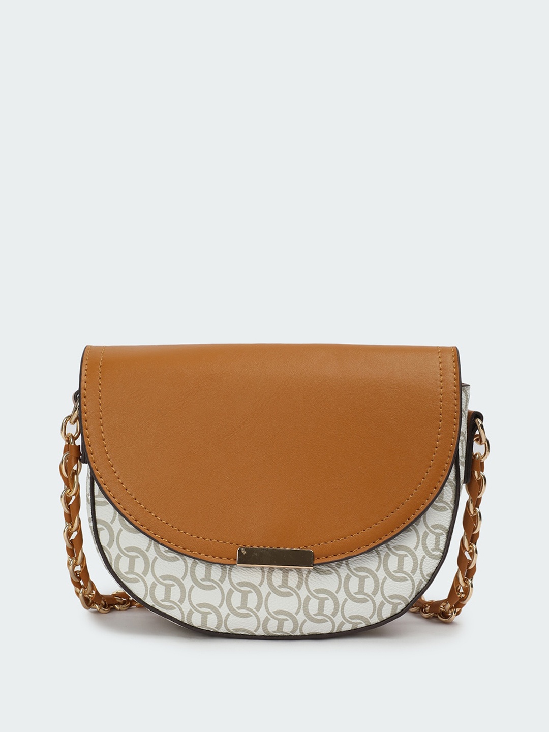 

max Typography Printed PU Half Moon Sling Bag, Brown