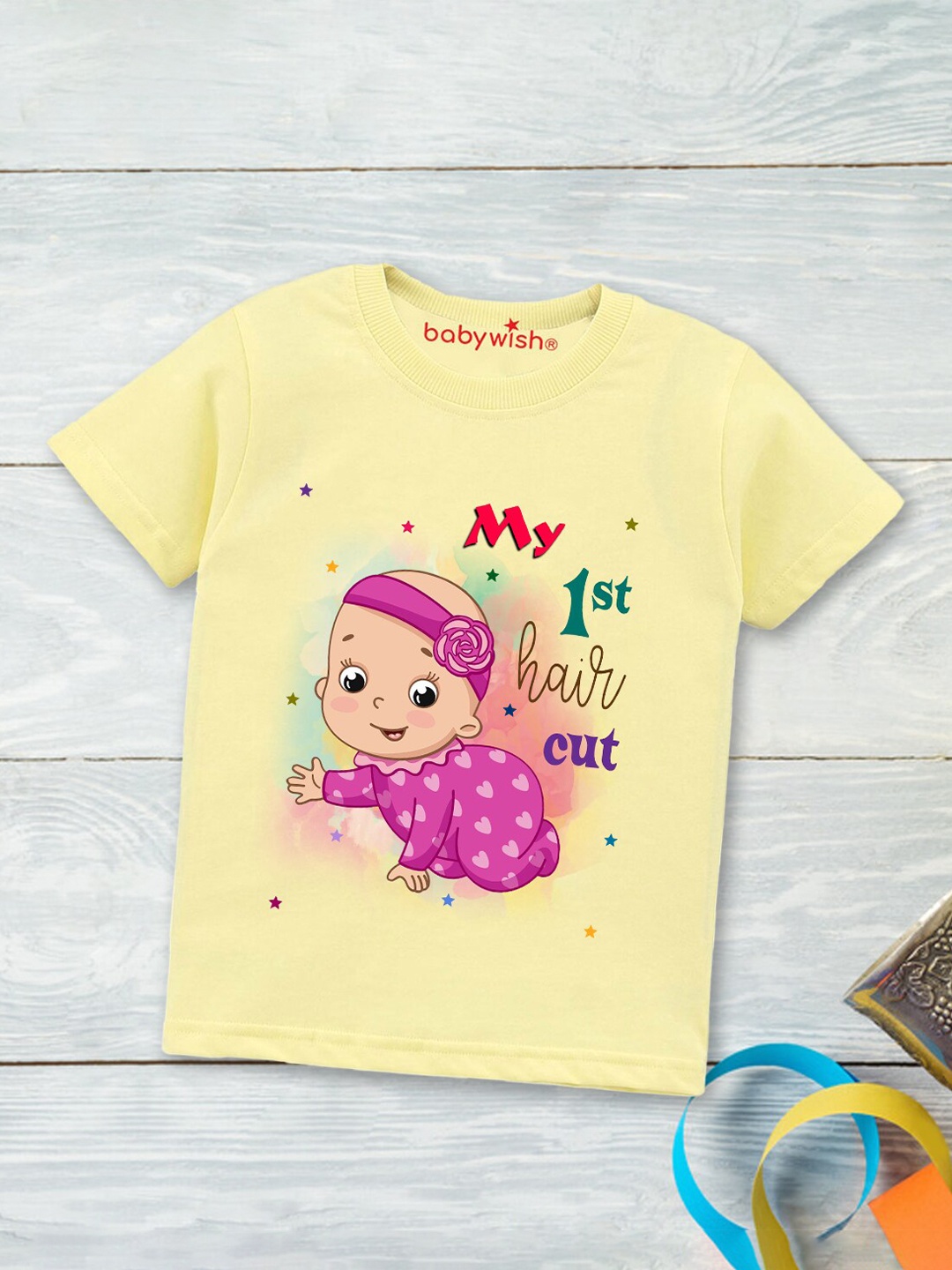 

Babywish Kids Typography Printed Round Neck Regular Sleeves Applique Cotton T-shirt, Yellow