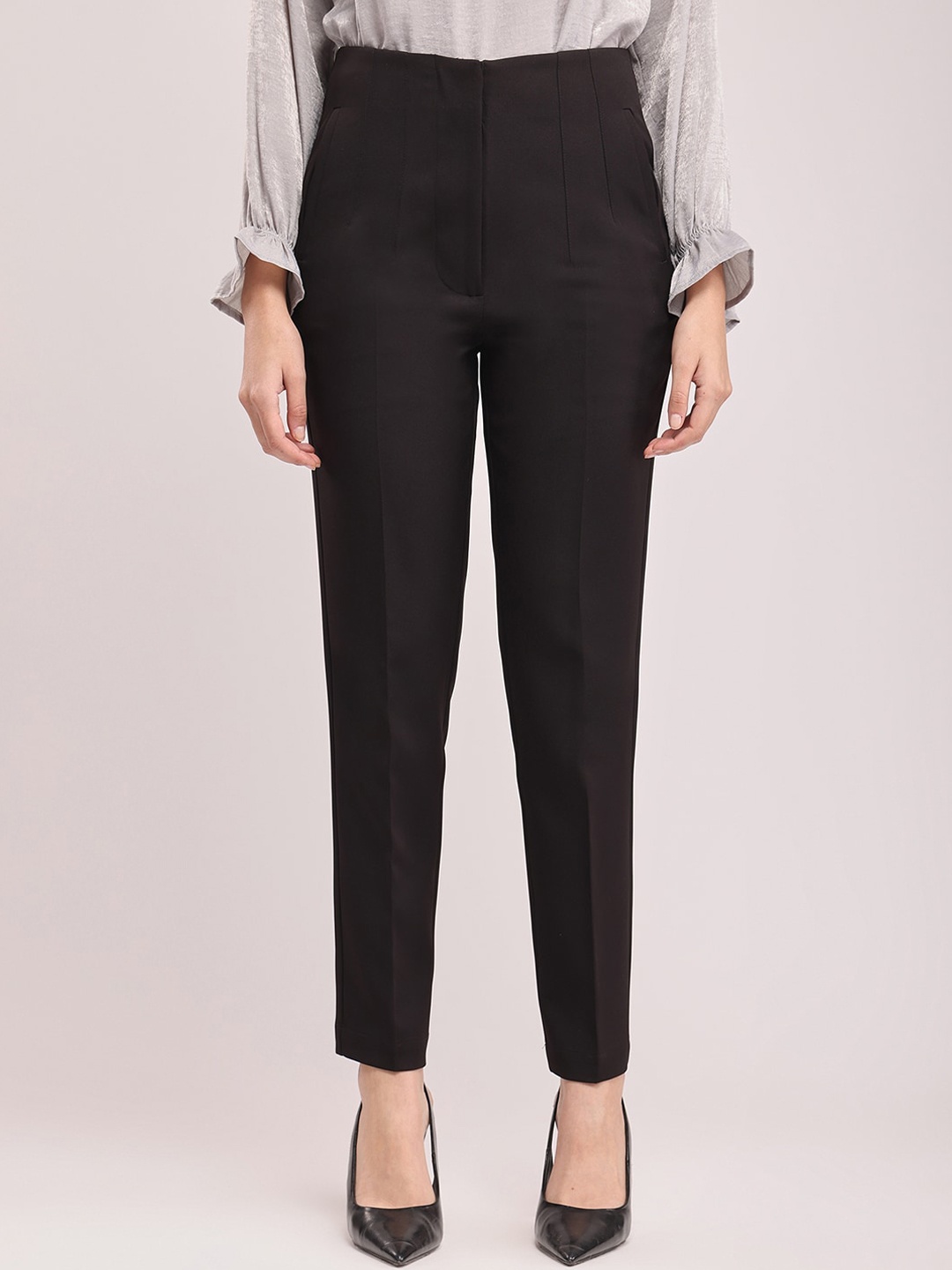 

FableStreet Women Black Tapered Fit High-Rise Formal Trousers