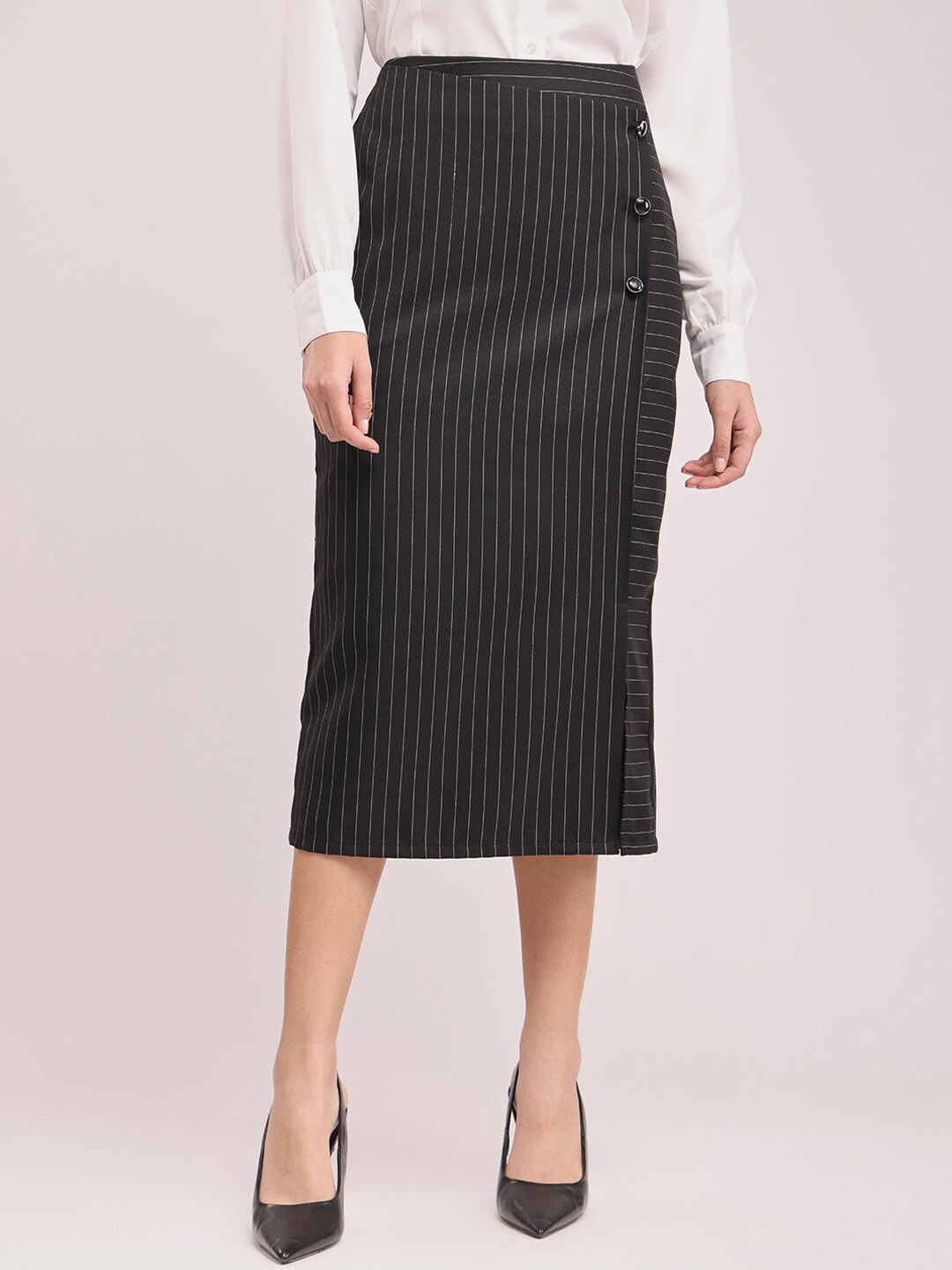 

FableStreet Striped Straight Midi Formal Skirts, Black