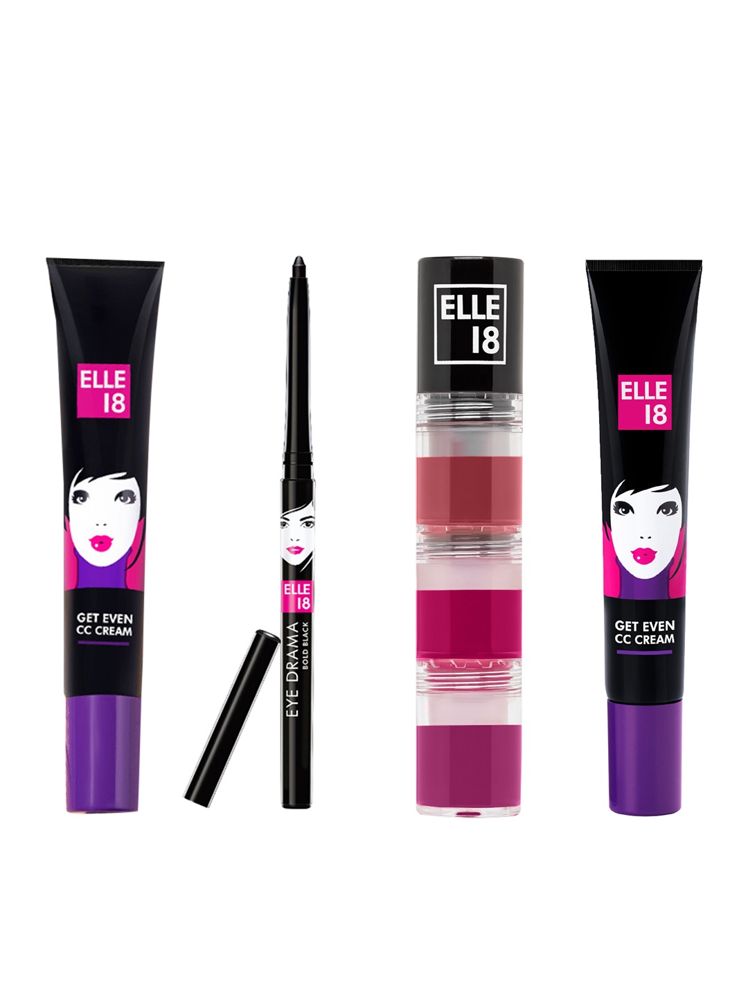 

ELLE 18 Get Even CC Cream & Lit Lip Stack Lipstick with Eyedrama Kajal & Blush Bomb, Nude