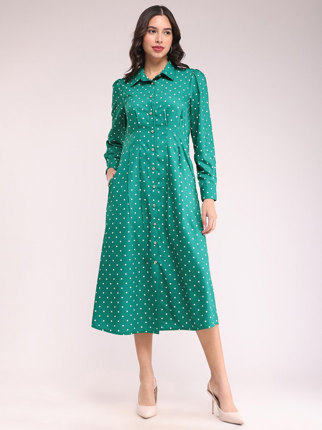 

FableStreet Polka Dot Midi Shirt Dress, Green