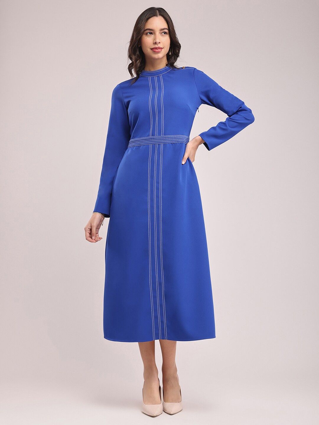 

FableStreet Fit & Flare Solid Formal Midi Dress, Blue