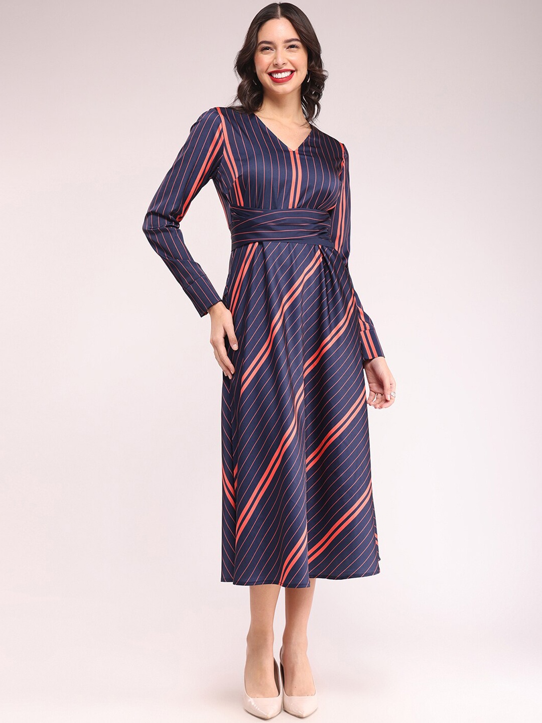 

FableStreet Striped Fit & Flare Midi Dress With Belt, Navy blue