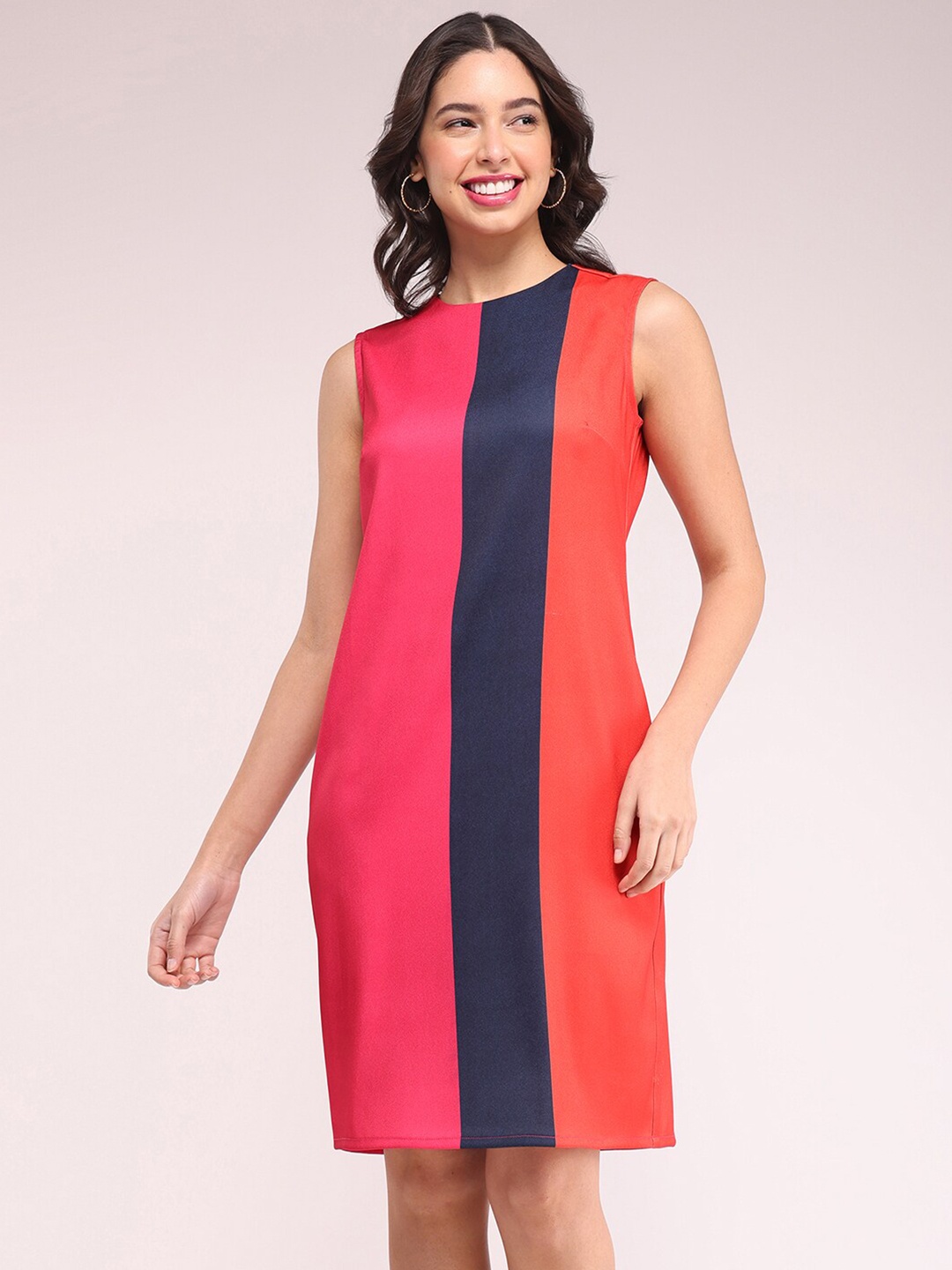 

FableStreet Colourblocked Round Neck Sheath Dress, Fuchsia