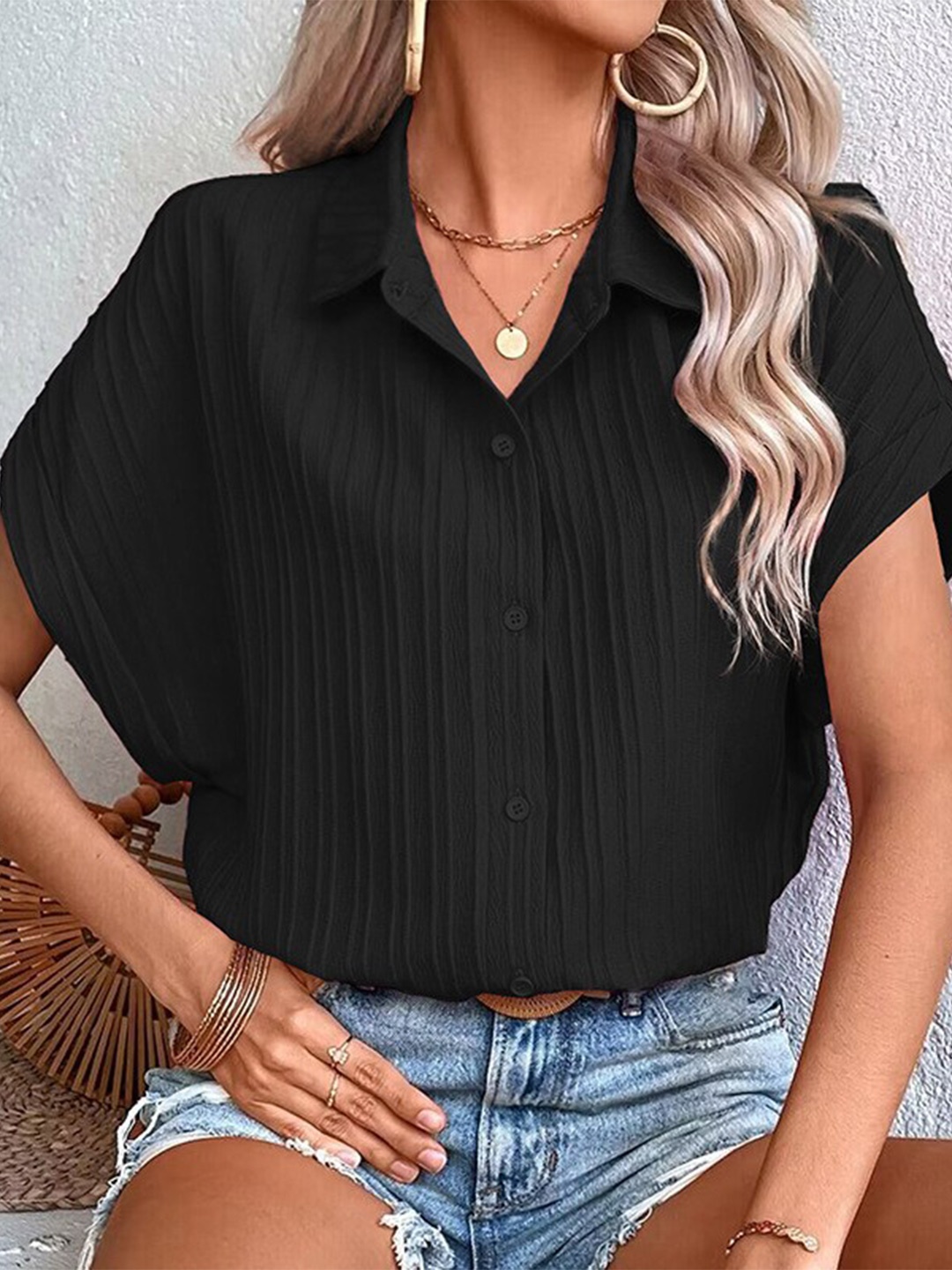 

StyleCast Women Opaque Striped Casual Shirt, Black