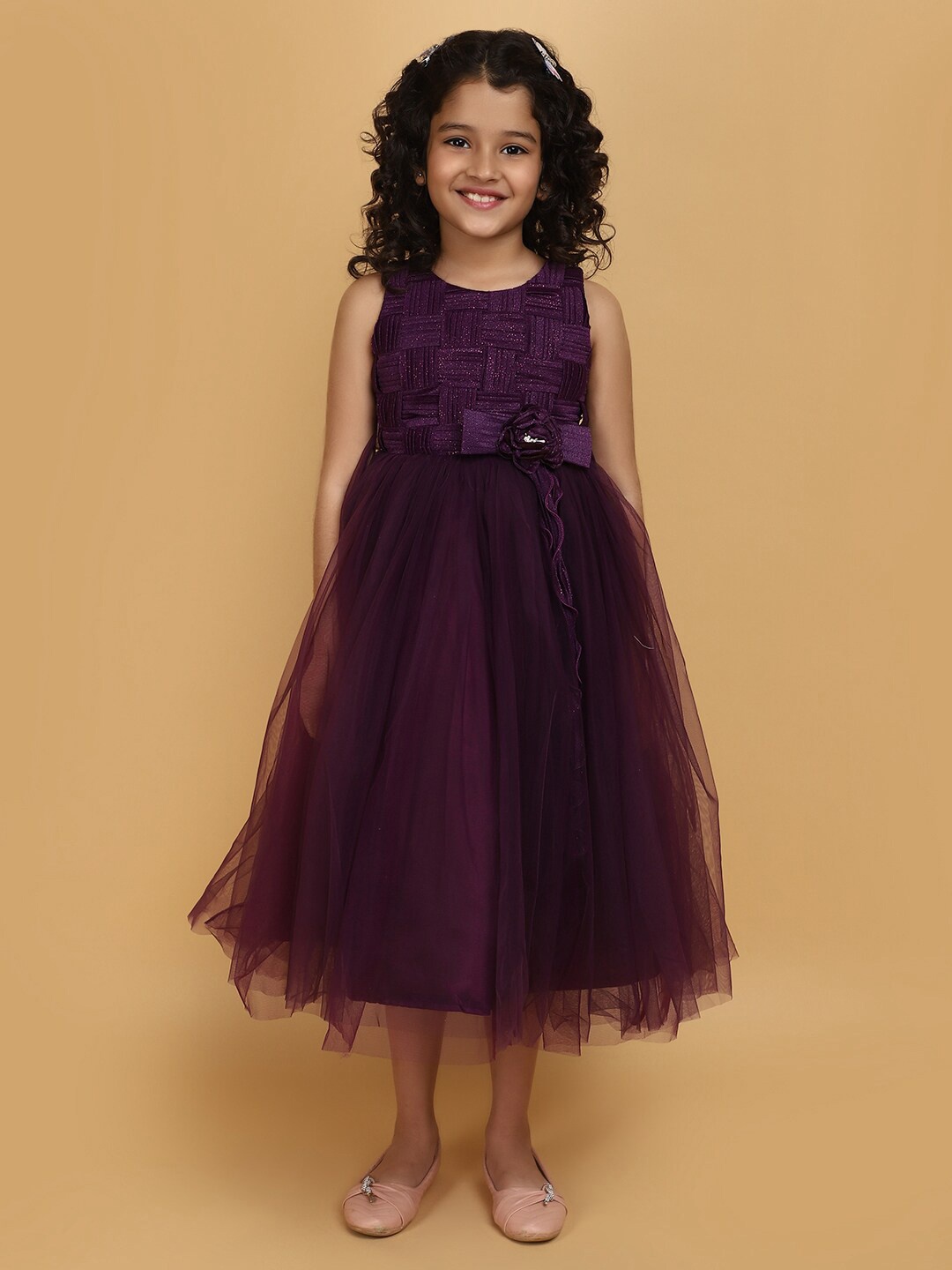 

V-Mart Girls Self Design Cotton Net Tulle Gown Midi Dress, Purple