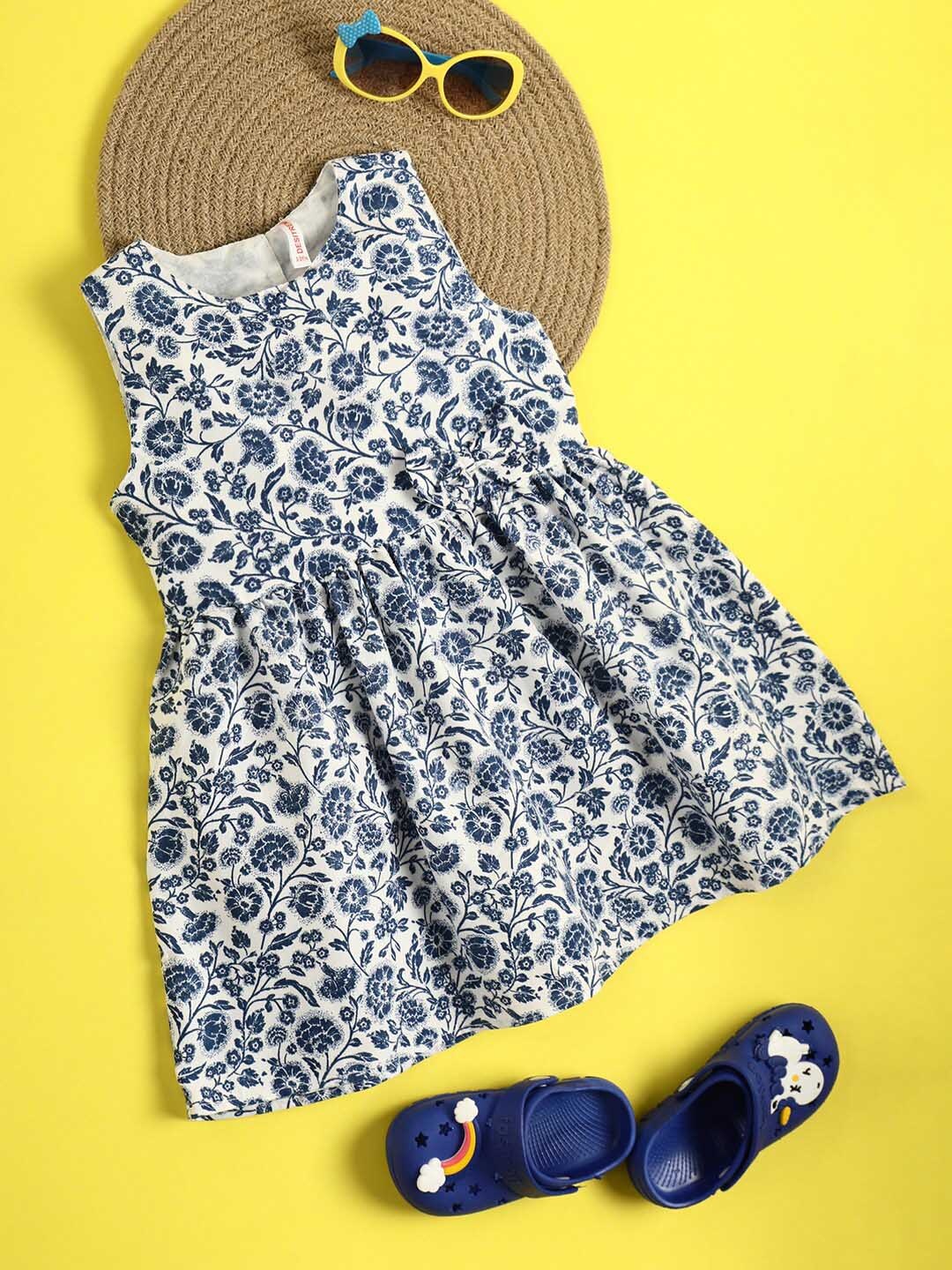 

V-Mart Girls Floral Printed Cotton Fit & Flare Dress, Blue