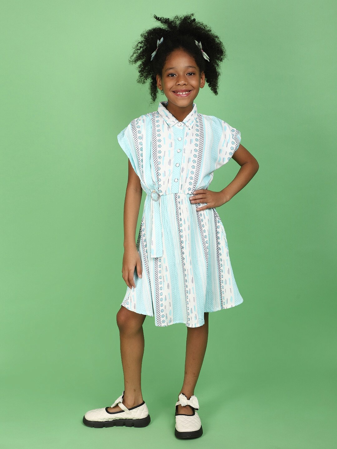 

V-Mart Girls Geometric Printed Shirt Collar Extended Sleeves A-Line Dress, Blue