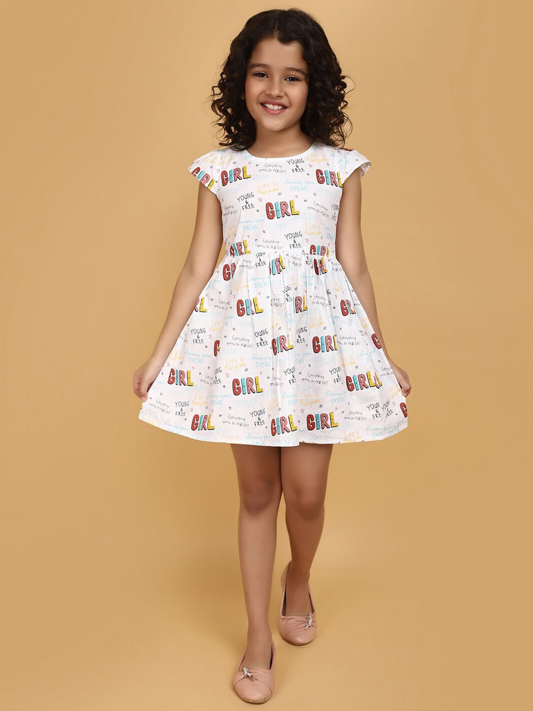 

V-Mart Girls Printed Fit & Flare Dress, White