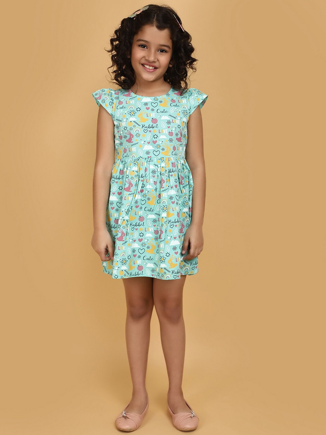 

V-Mart Girls Cap Sleeve Fit & Flare Floral Dress, Sea green