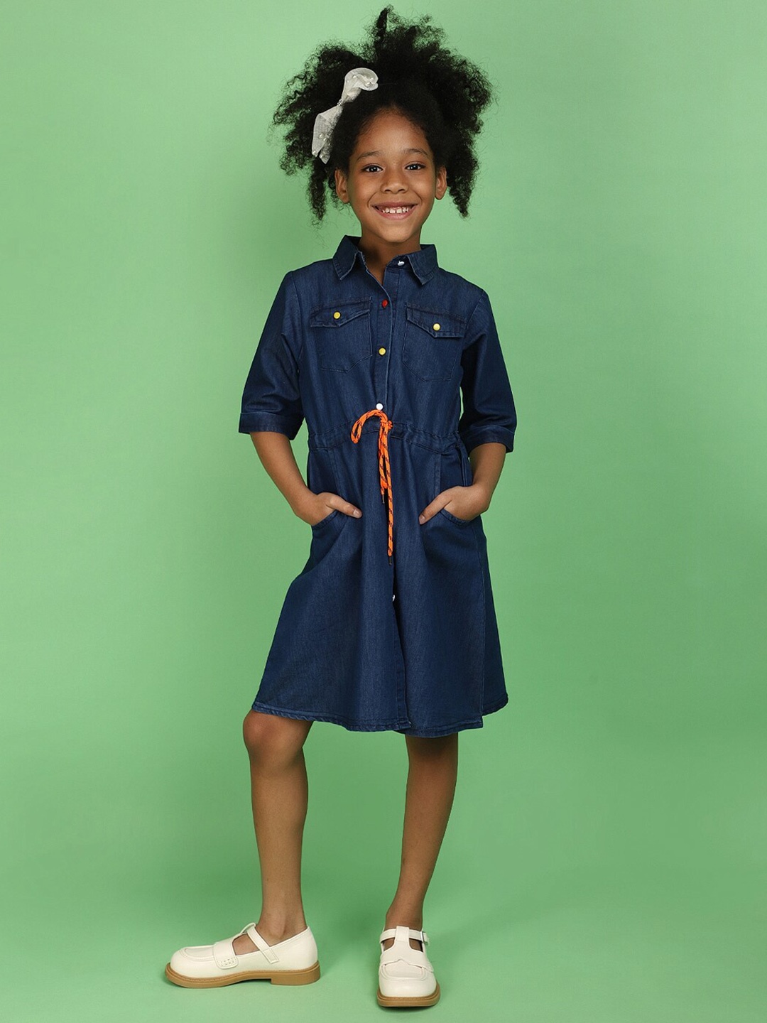 

V-Mart Girls Solid Denim Shirt Collar Dress, Blue