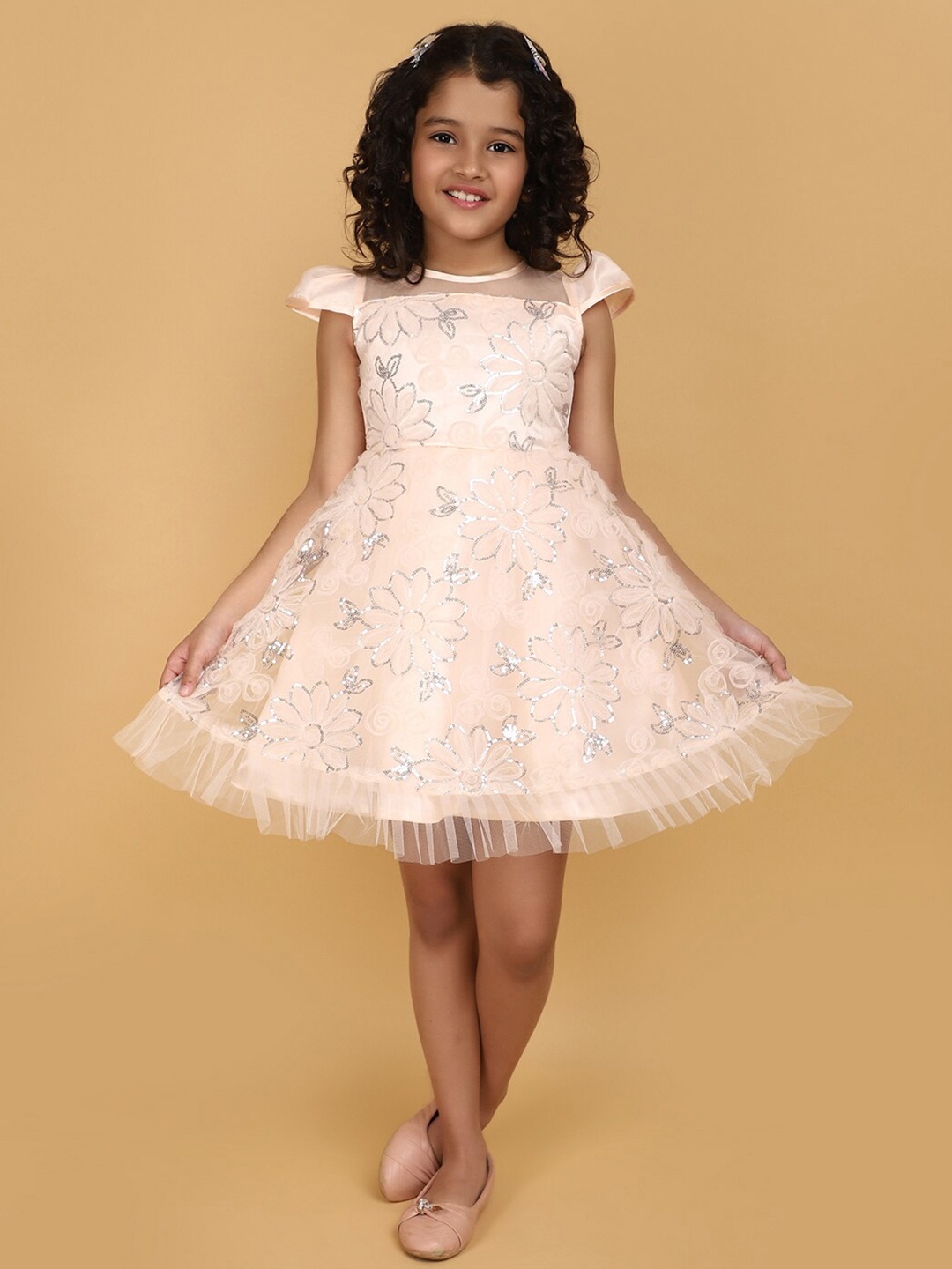 

V-Mart Girls Floral Sequined Fit & Flare Dress, Pink