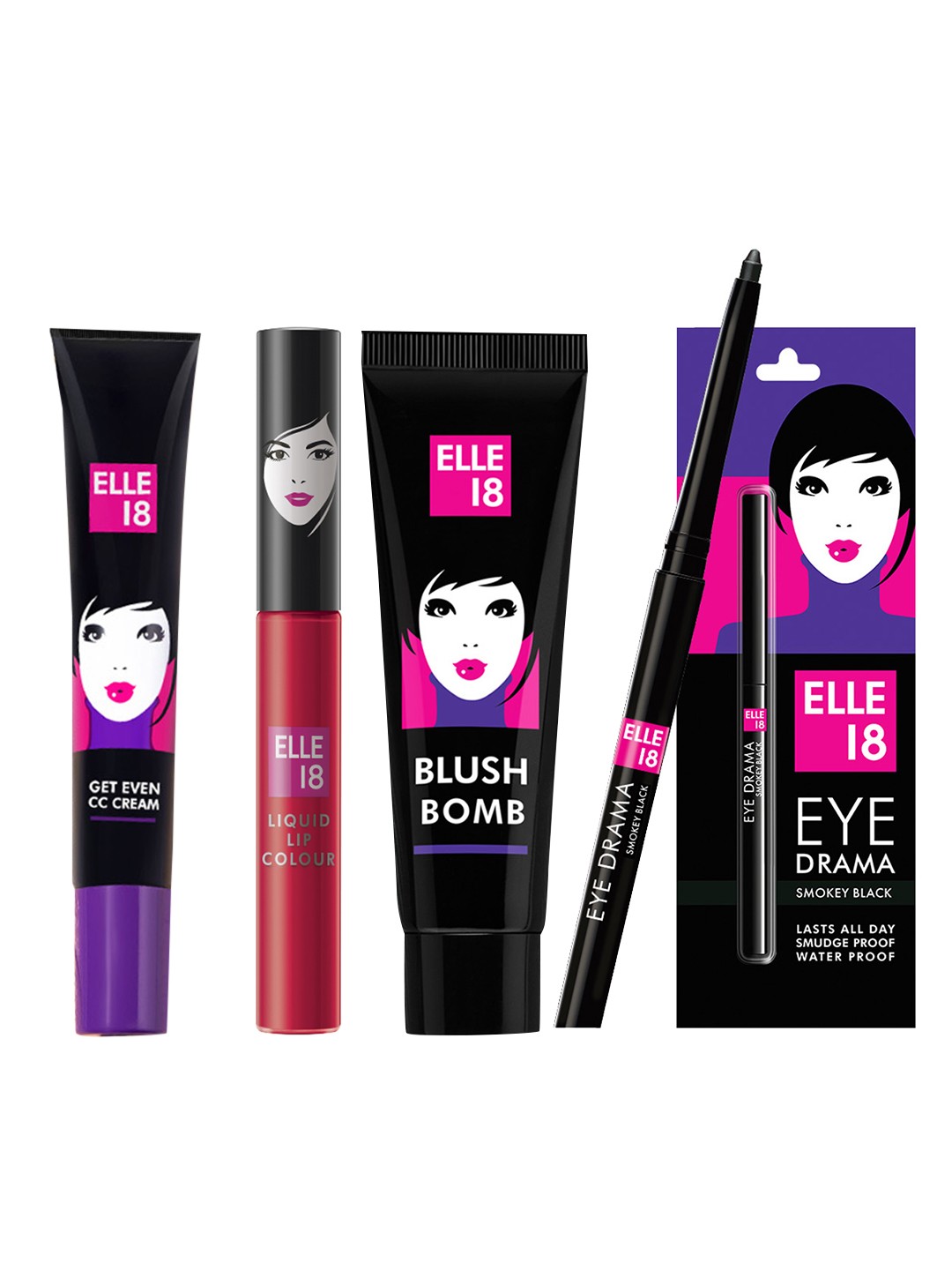 

ELLE 18 Set of Get Even CC Cream & Liquid Lip Color with Blush Bomb & Eye Drama Kajal, Pink