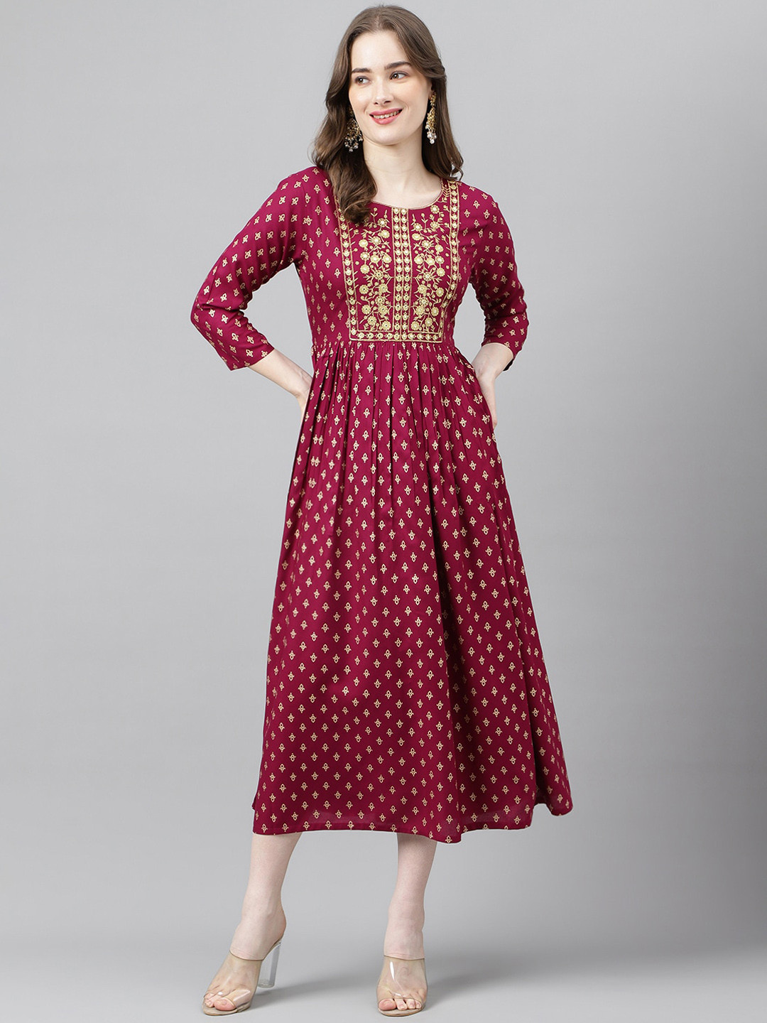

ANANDITA Ethnic Motifs Printed Gathered Detailed Fit & Flare Midi Ethnic Dress, Maroon