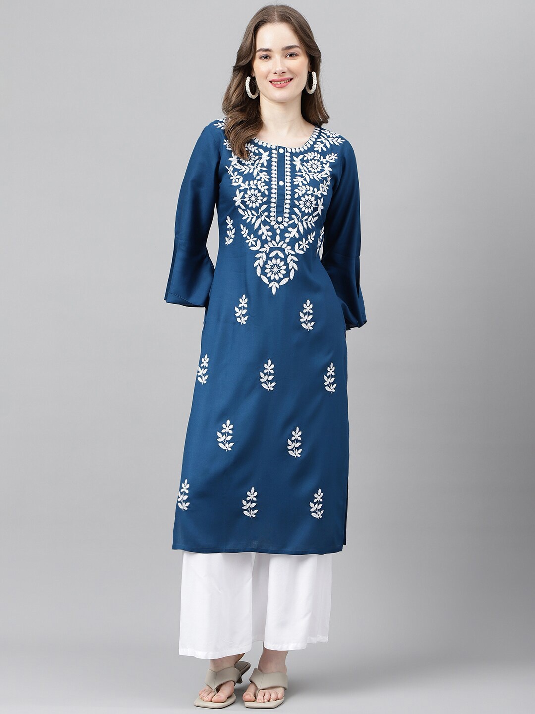 

ANANDITA Ethnic Motifs Embroidered Thread Work Detailed Straight Kurta, Blue