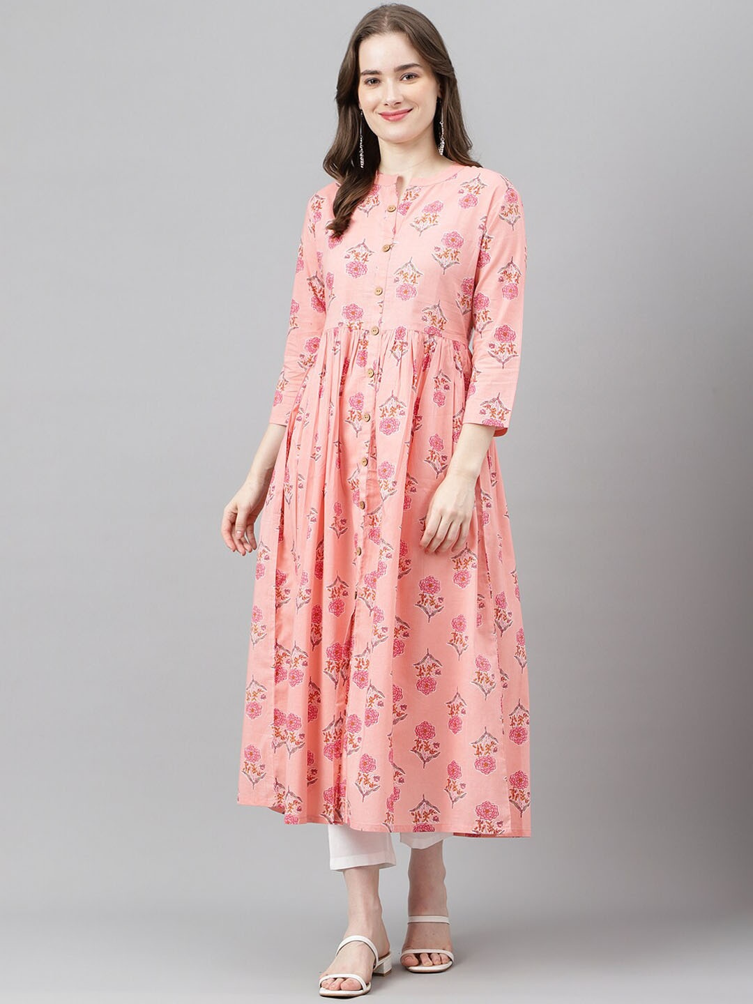 

ANANDITA Ethnic Motifs Printed Cotton Pleated Anarkali Kurta, Peach