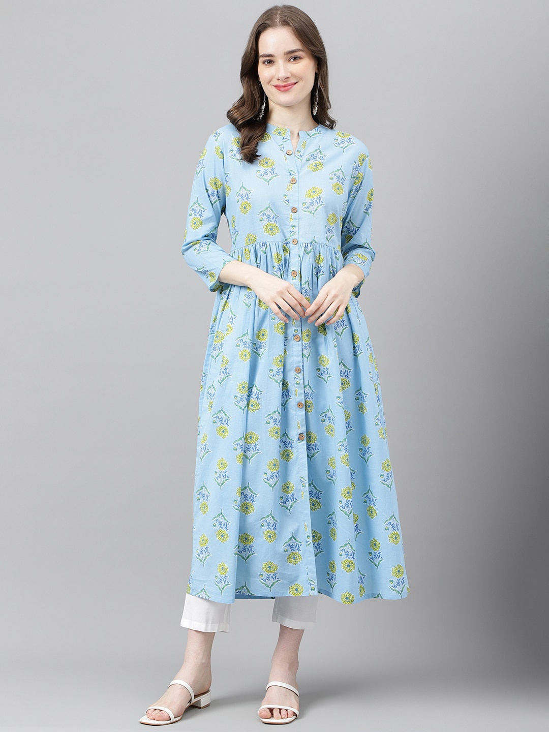

ANANDITA Ethnic Motifs Printed Cotton Pleated Anarkali Kurta, Blue