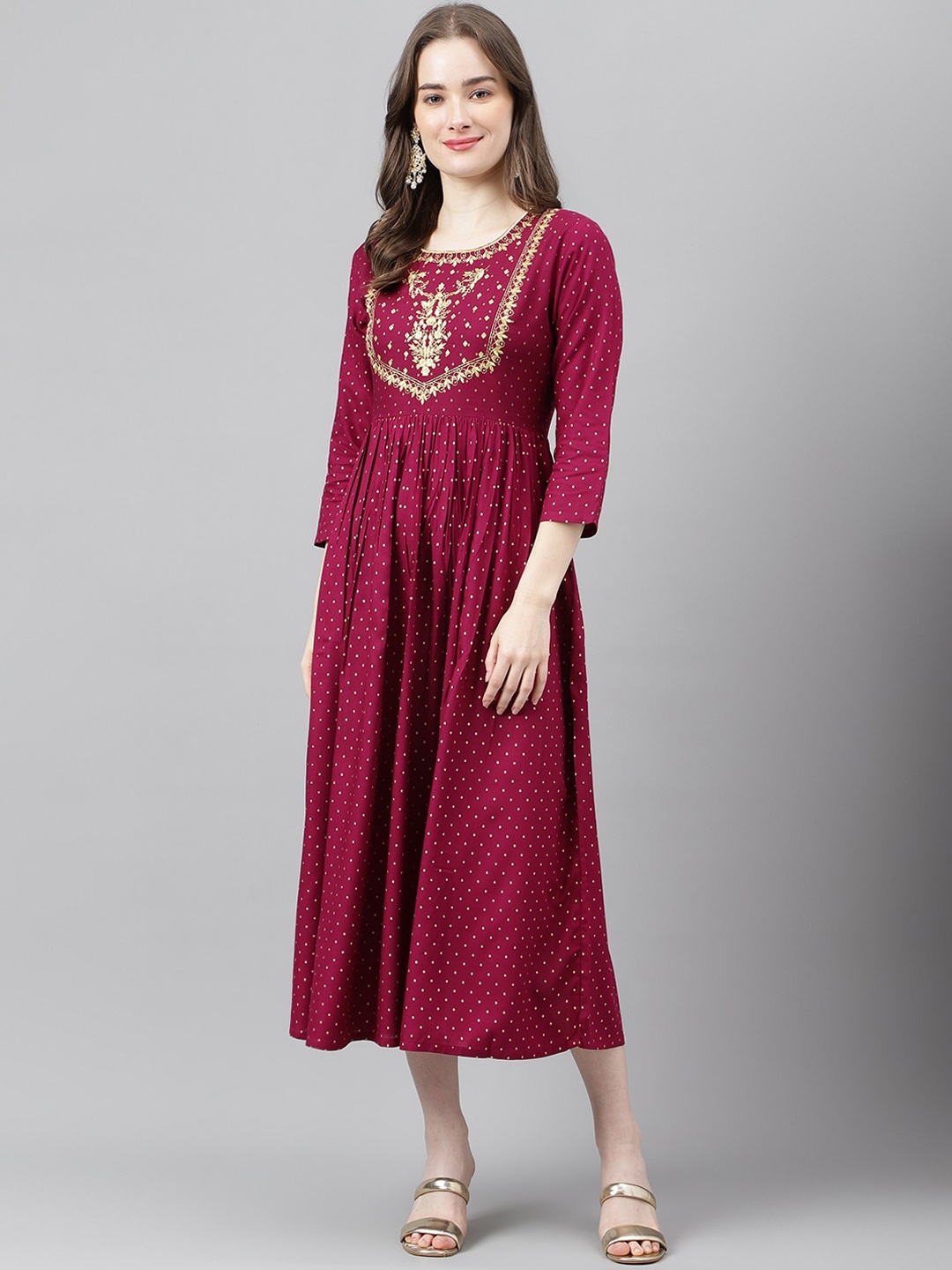 

ANANDITA Ethnic Motifs Printed Gathered Detailed Fit & Flare Midi Ethnic Dress, Maroon