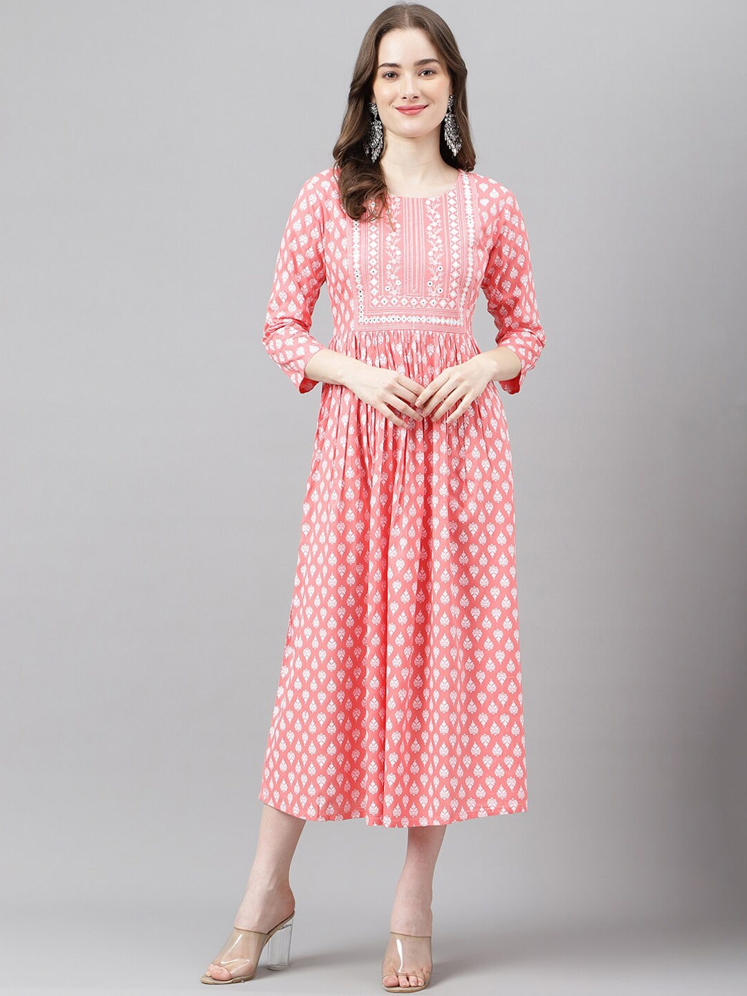 

ANANDITA Ethnic Motifs Printed Embroidered Ethnic Dress, Peach