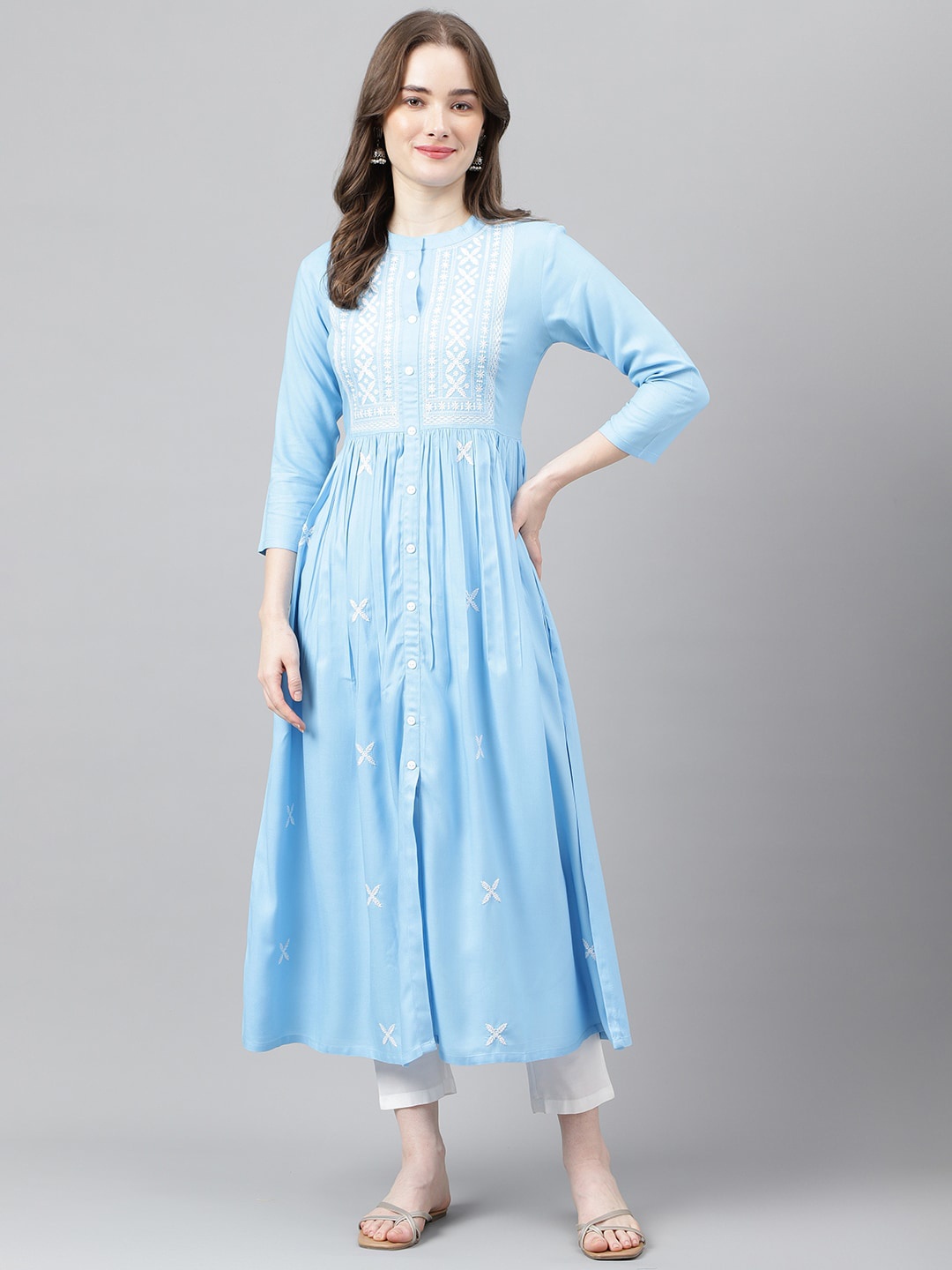 

ANANDITA Ethnic Motifs Embroidered Thread Work Detailed Pleated A-Line Kurta, Blue