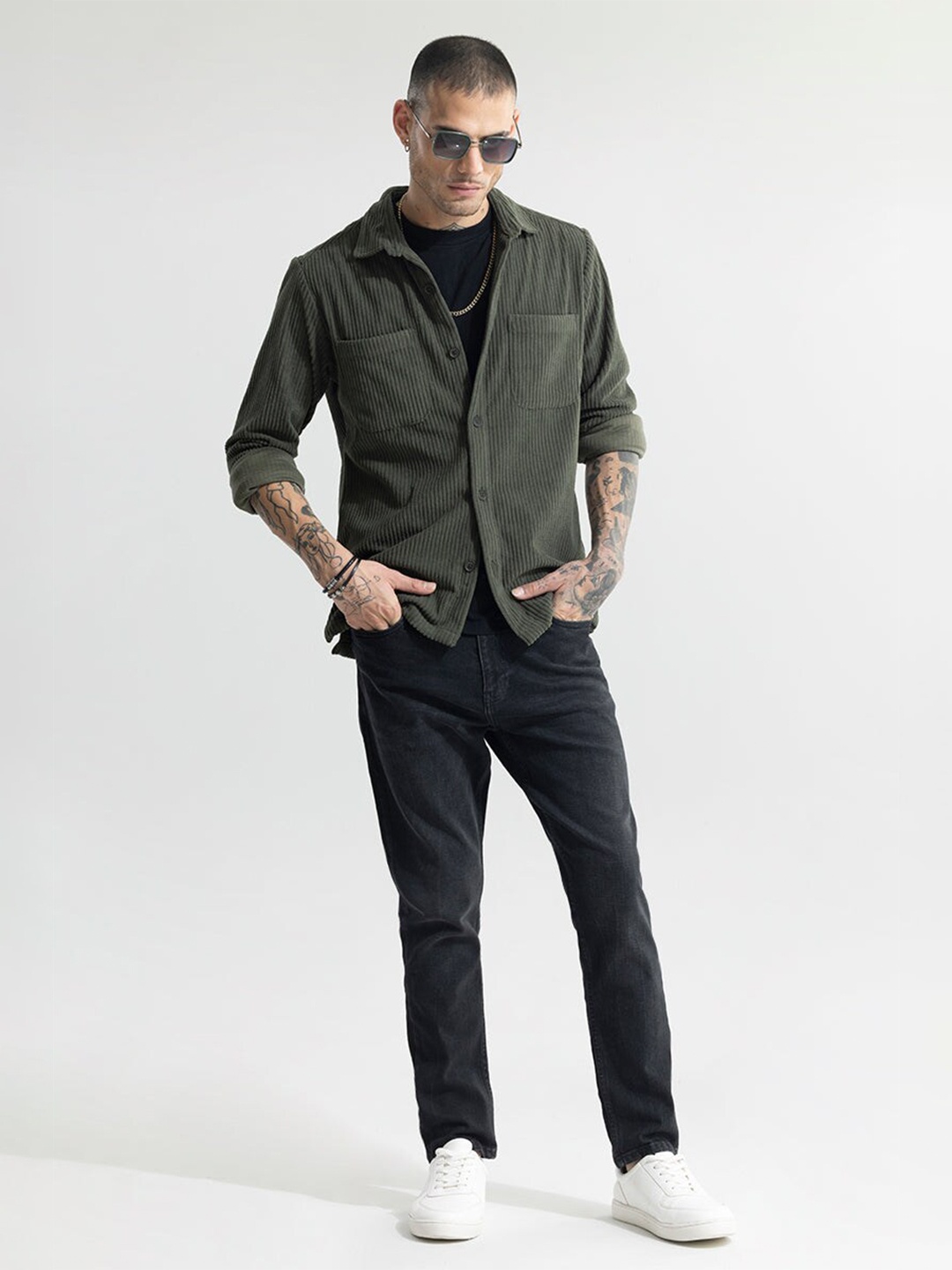 

Snitch Classic Textured Self Design Casual Shirt, Olive