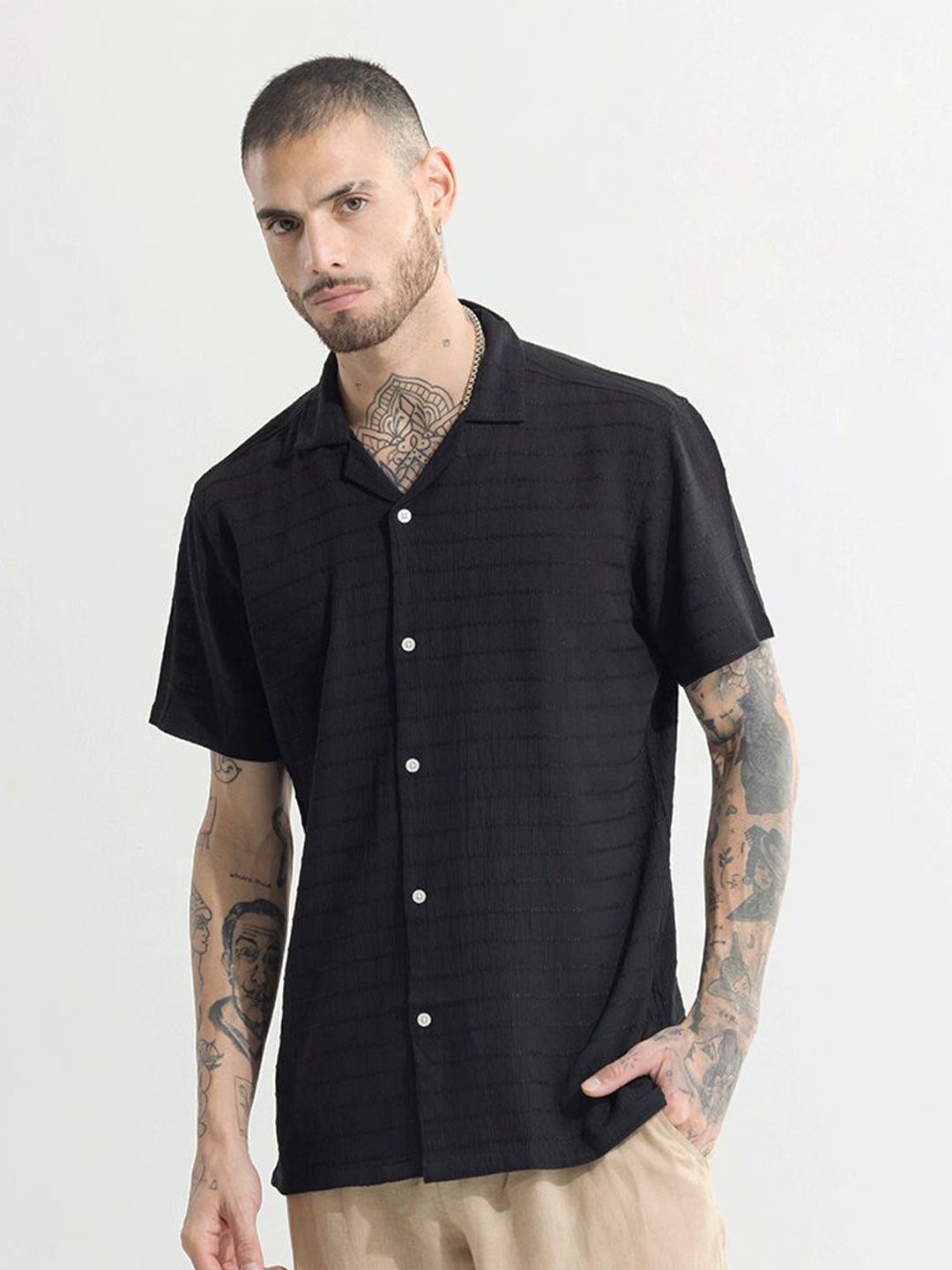 

Snitch Black Self Design Textured Cuban Collar Classic Boxy Casual Shirt