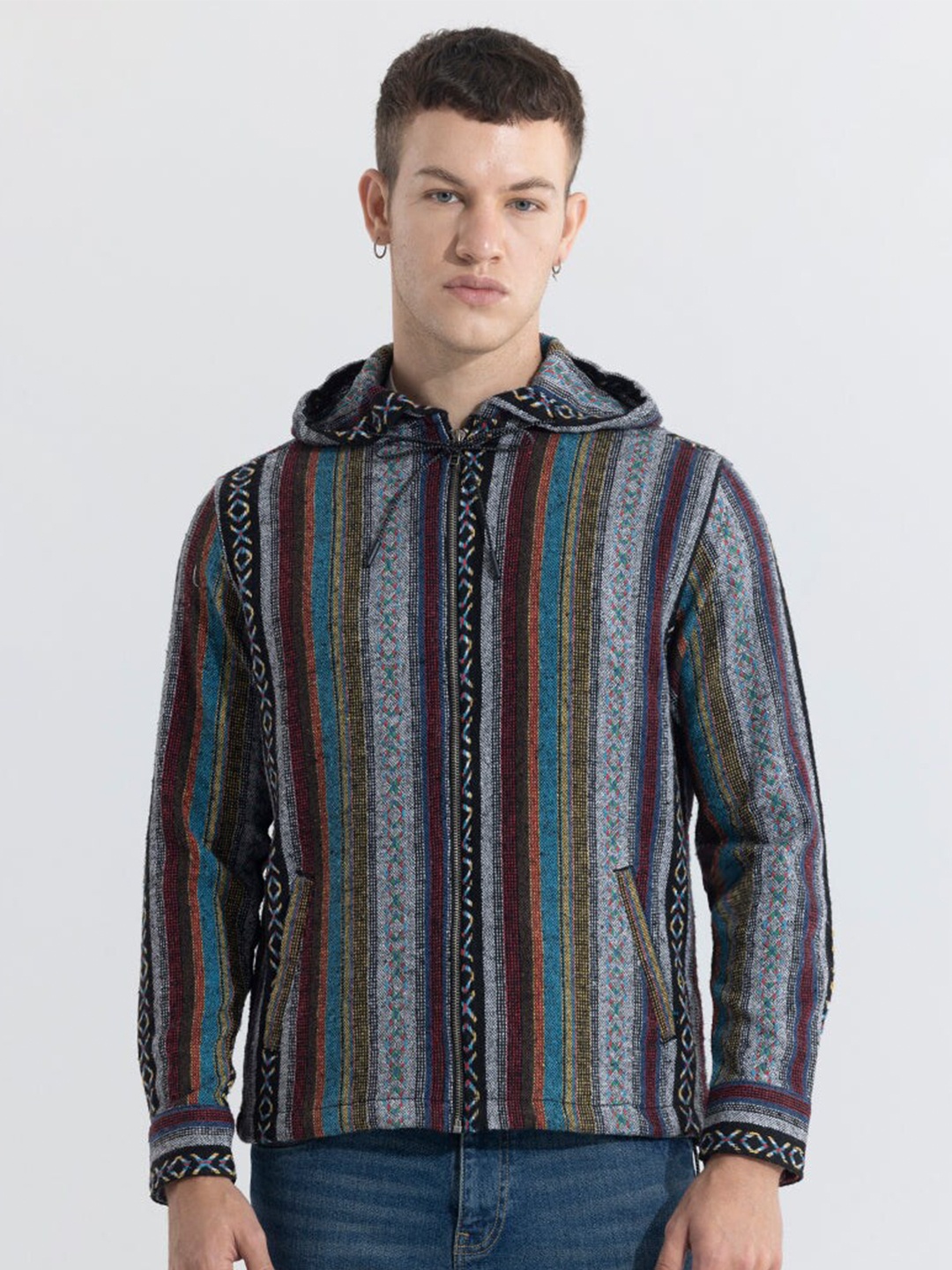 

Snitch Grey Vertical Striped Classic Tailored Fit Hooded Cotton Casual Shirt