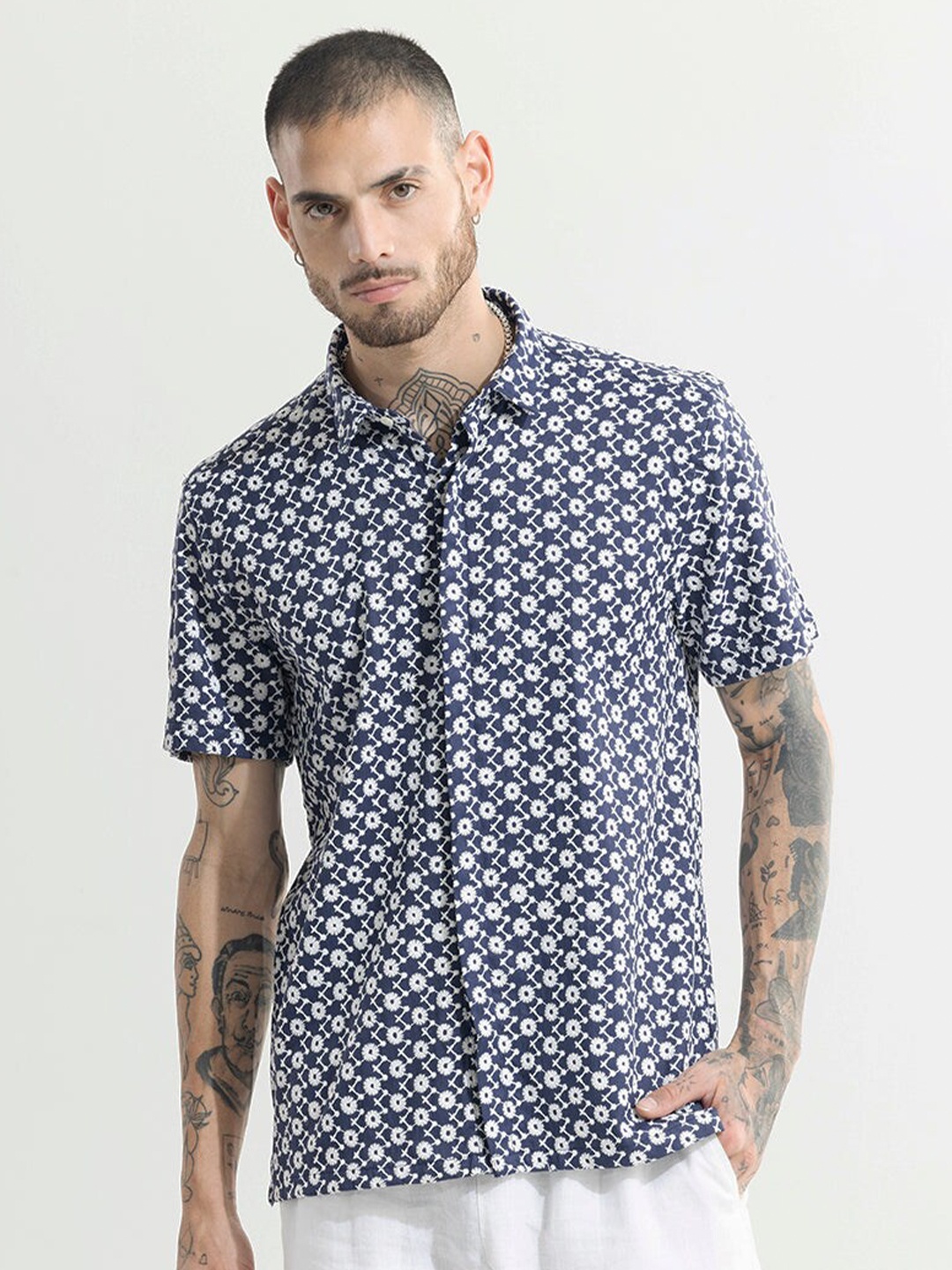 

Snitch Blue Floral Embroidered Classic Boxy Cotton Casual Shirt