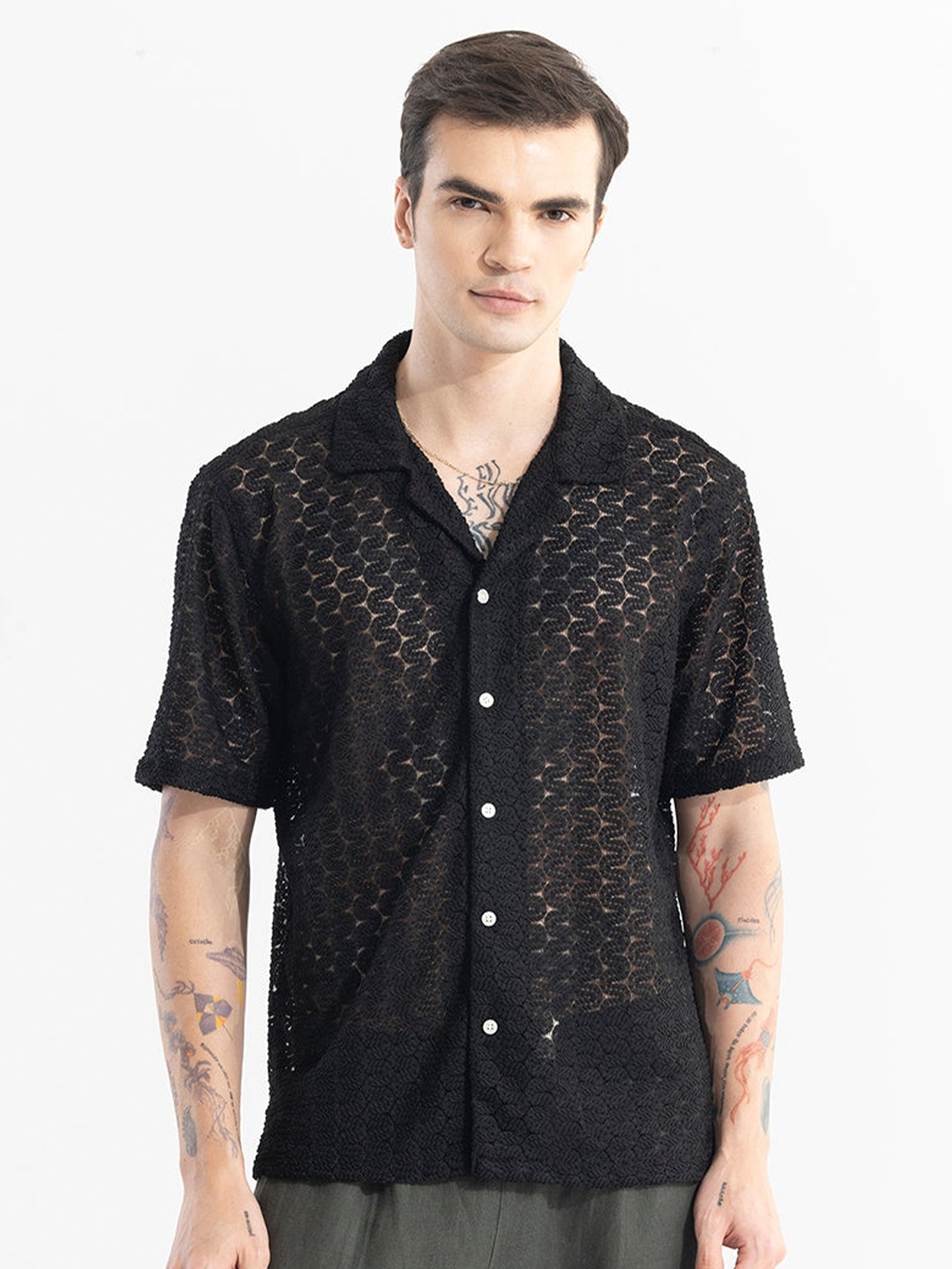 

Snitch Black Self Design Textured Classic Boxy Opaque Casual Crochet Shirt