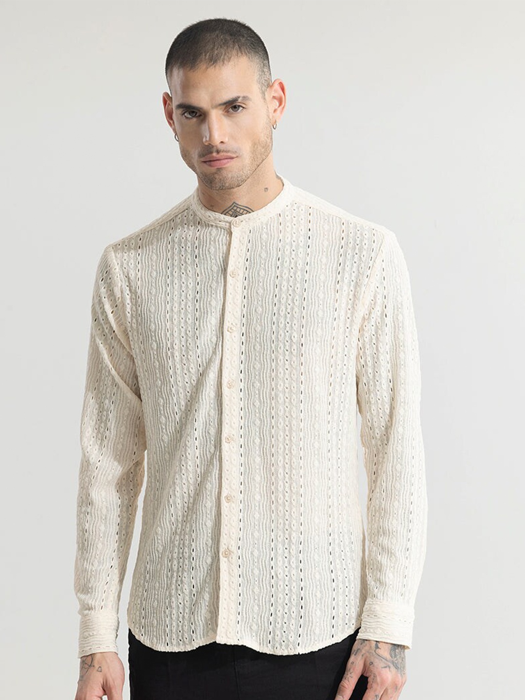 

Snitch Cream Self Design Textured Band Collar Classic Slim Fit Casual Shirt
