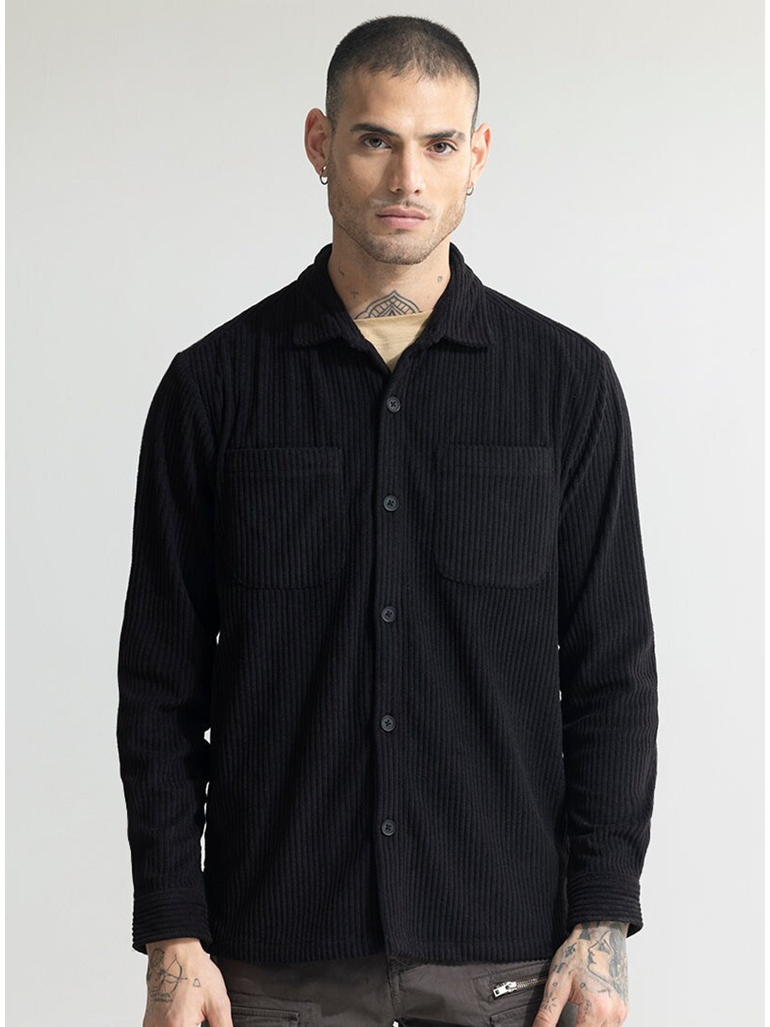 

Snitch Black Self Design Textured Classic Casual Shirt