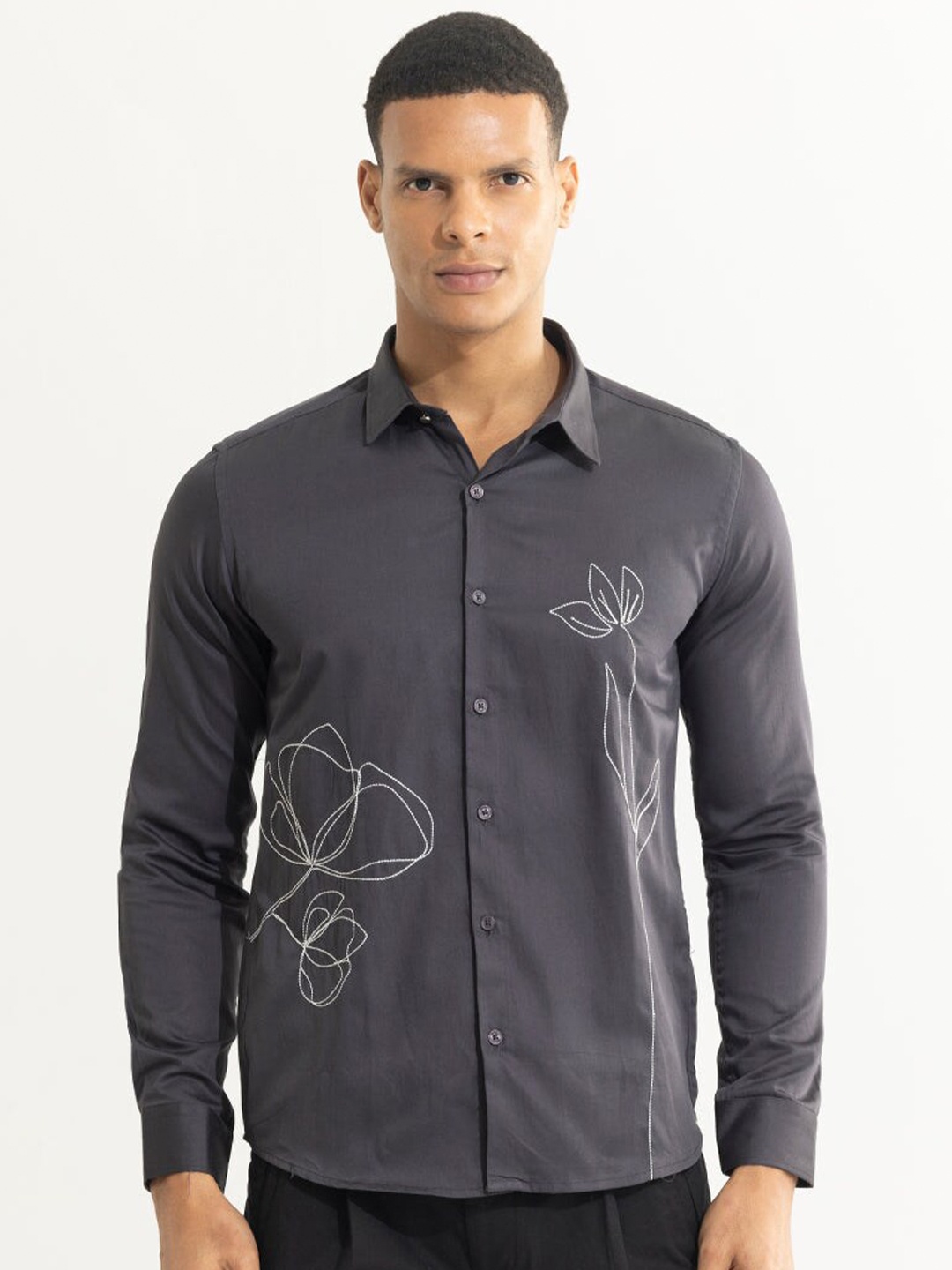 

Snitch Grey Floral Embroidered Classic Slim Fit Cotton Casual Shirt