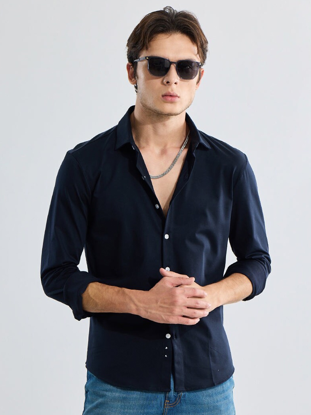 

Snitch Men Classic Slim Fit Opaque Printed Casual Shirt, Navy blue