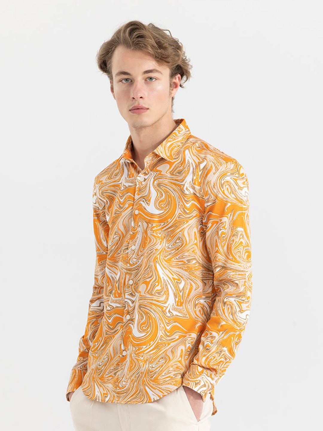 

Snitch Classic Spread Collar Long Sleeves Slim Fit Printed Casual Cotton Shirt, Orange