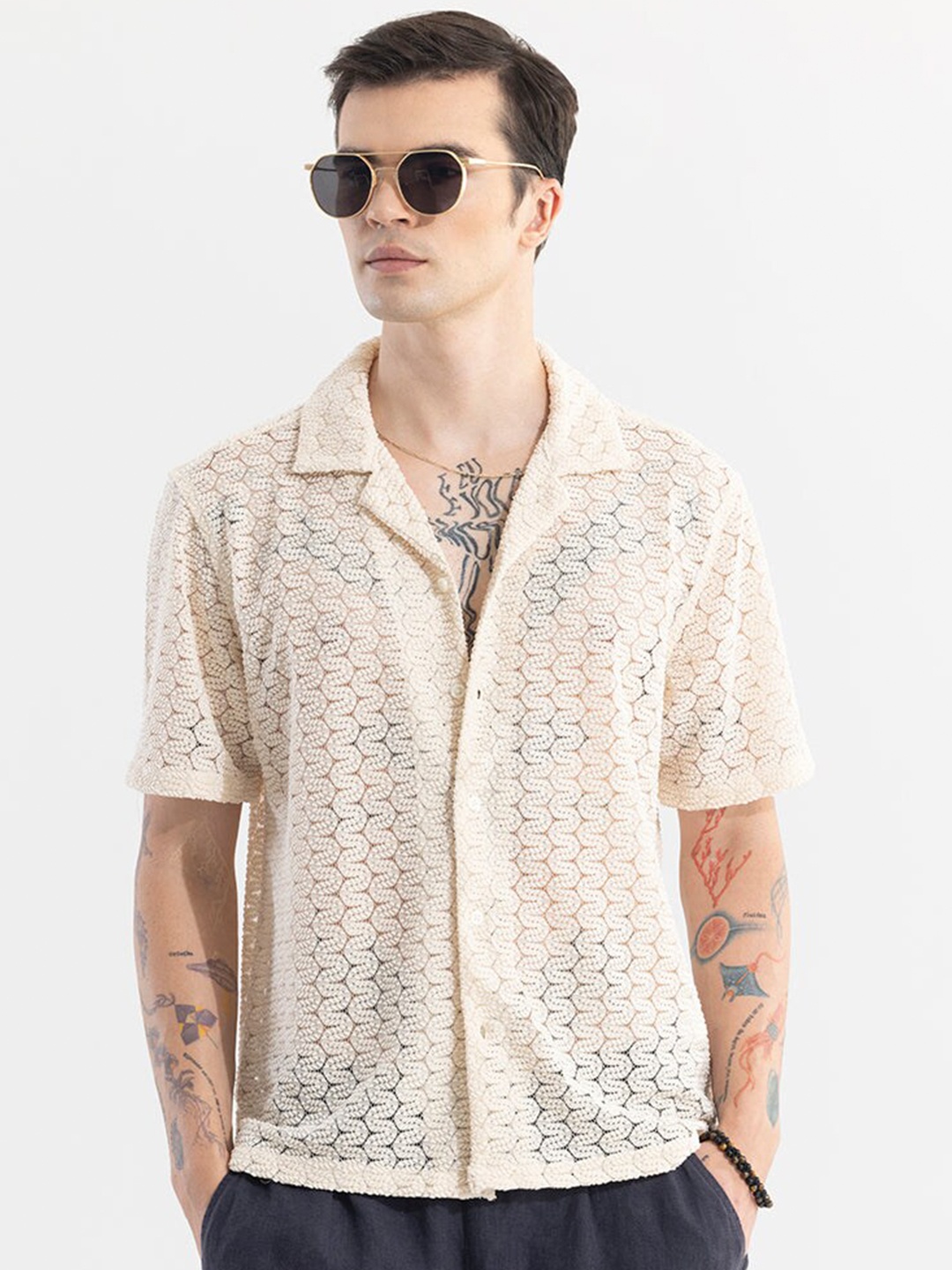 

Snitch Classic Cutaway Collar Long Sleeves Boxy Printed Casual Shirt, Cream