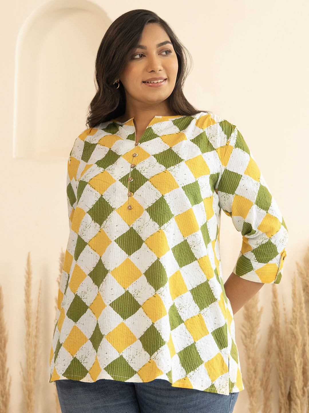 

Janasya Plus Size Cotton Geometric Regular Top, Multi